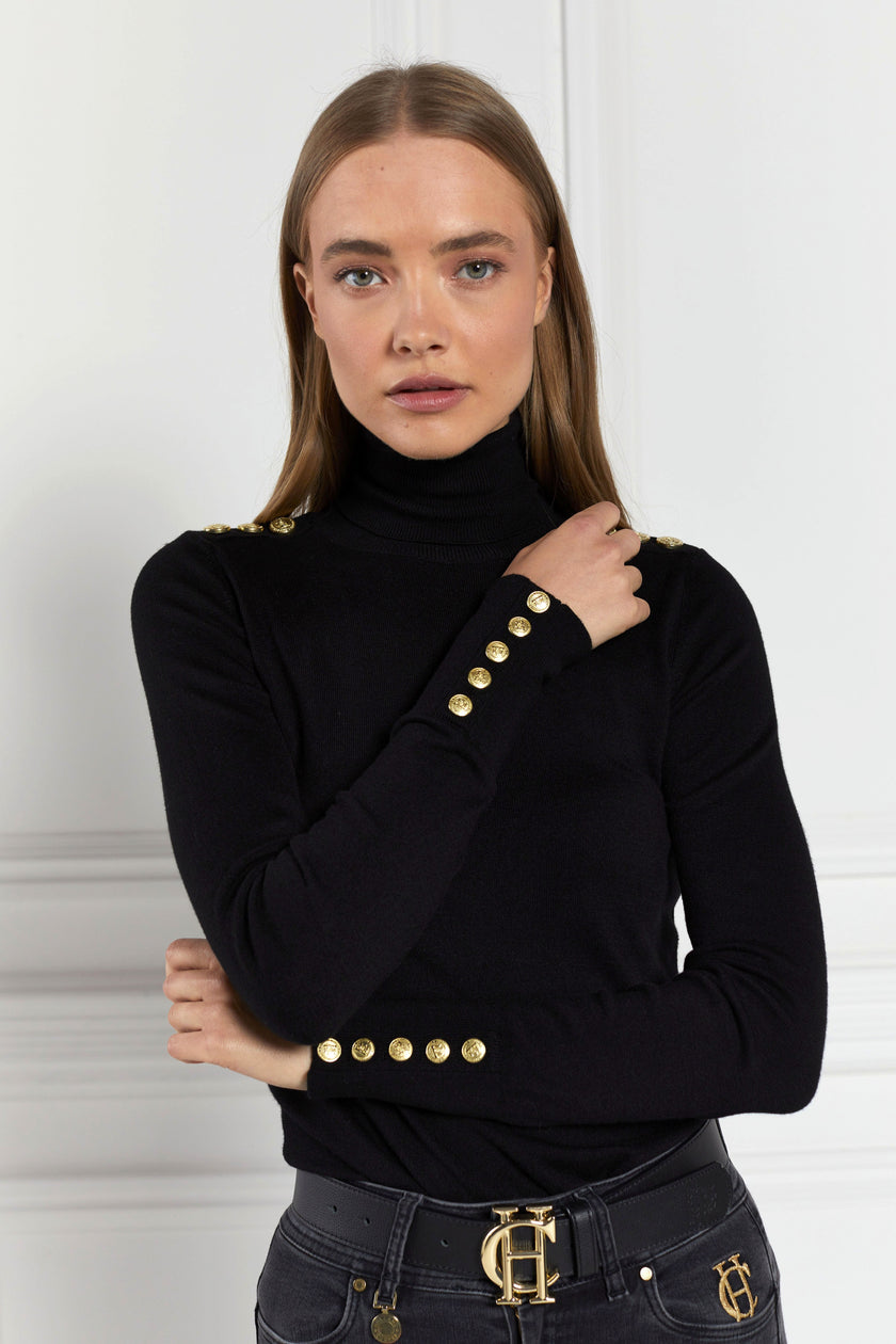 super soft lightweight jumper in black with ribbed roll neck collar, cuffs and hem