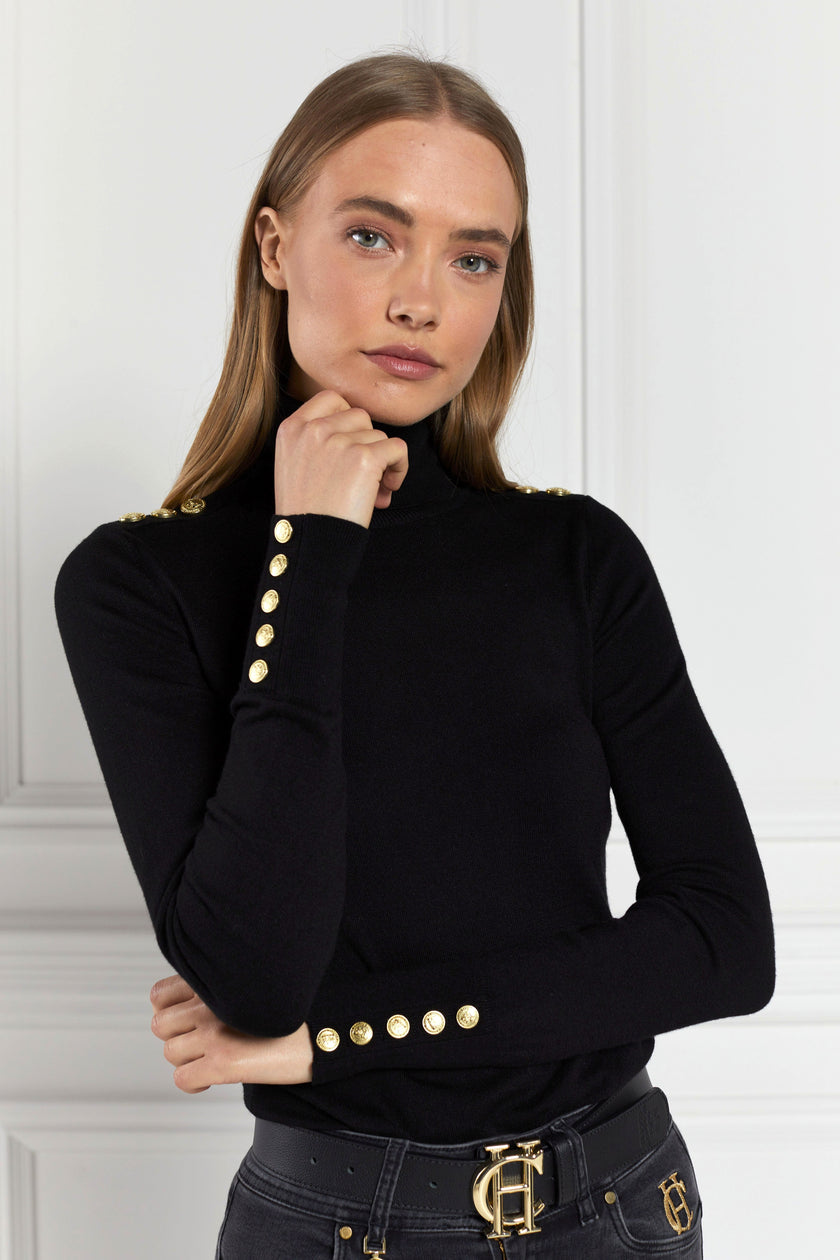 super soft lightweight jumper in black with ribbed roll neck collar, cuffs and hem