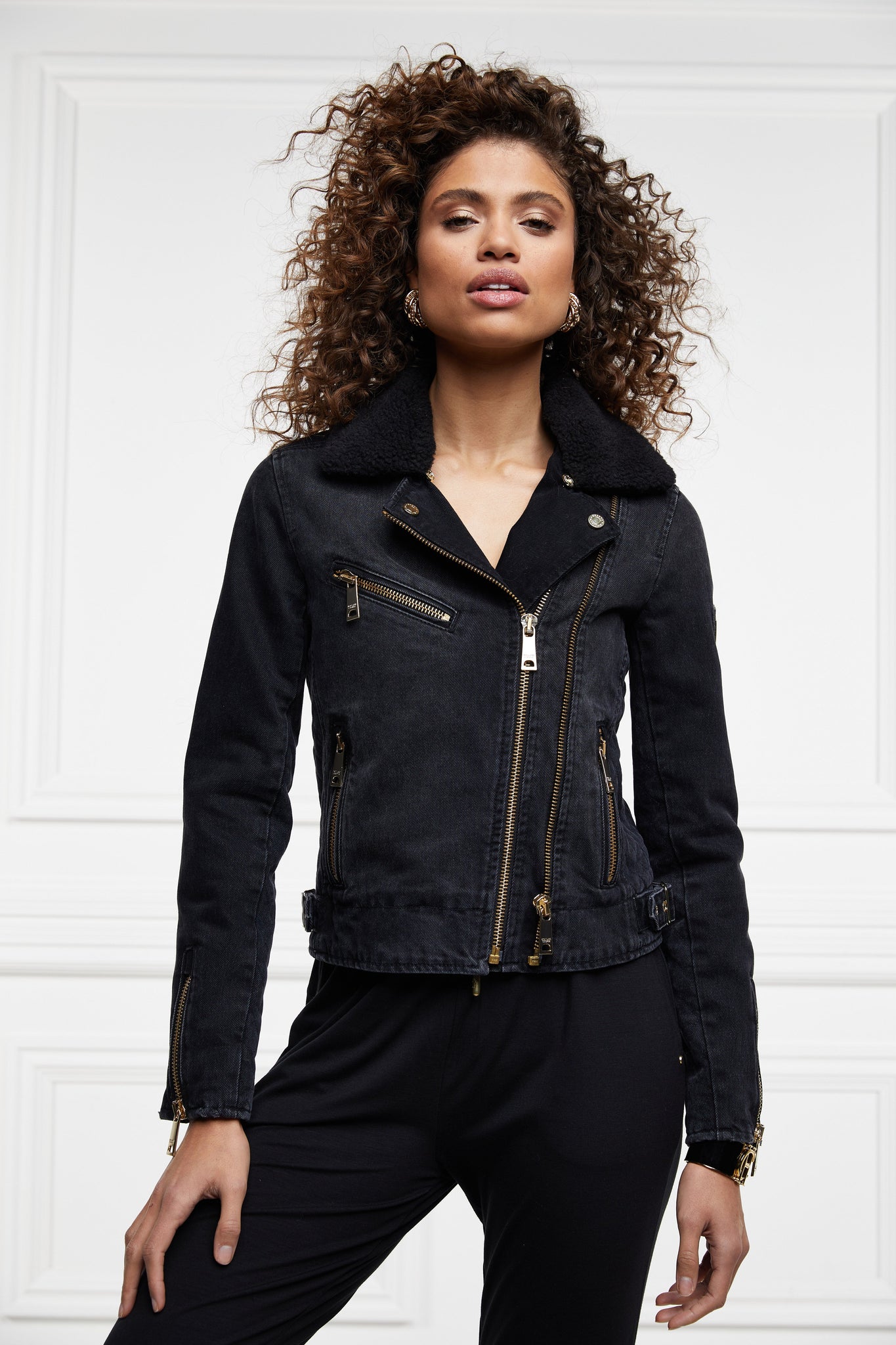 Denim Biker Jacket (Washed Black Sherpa)