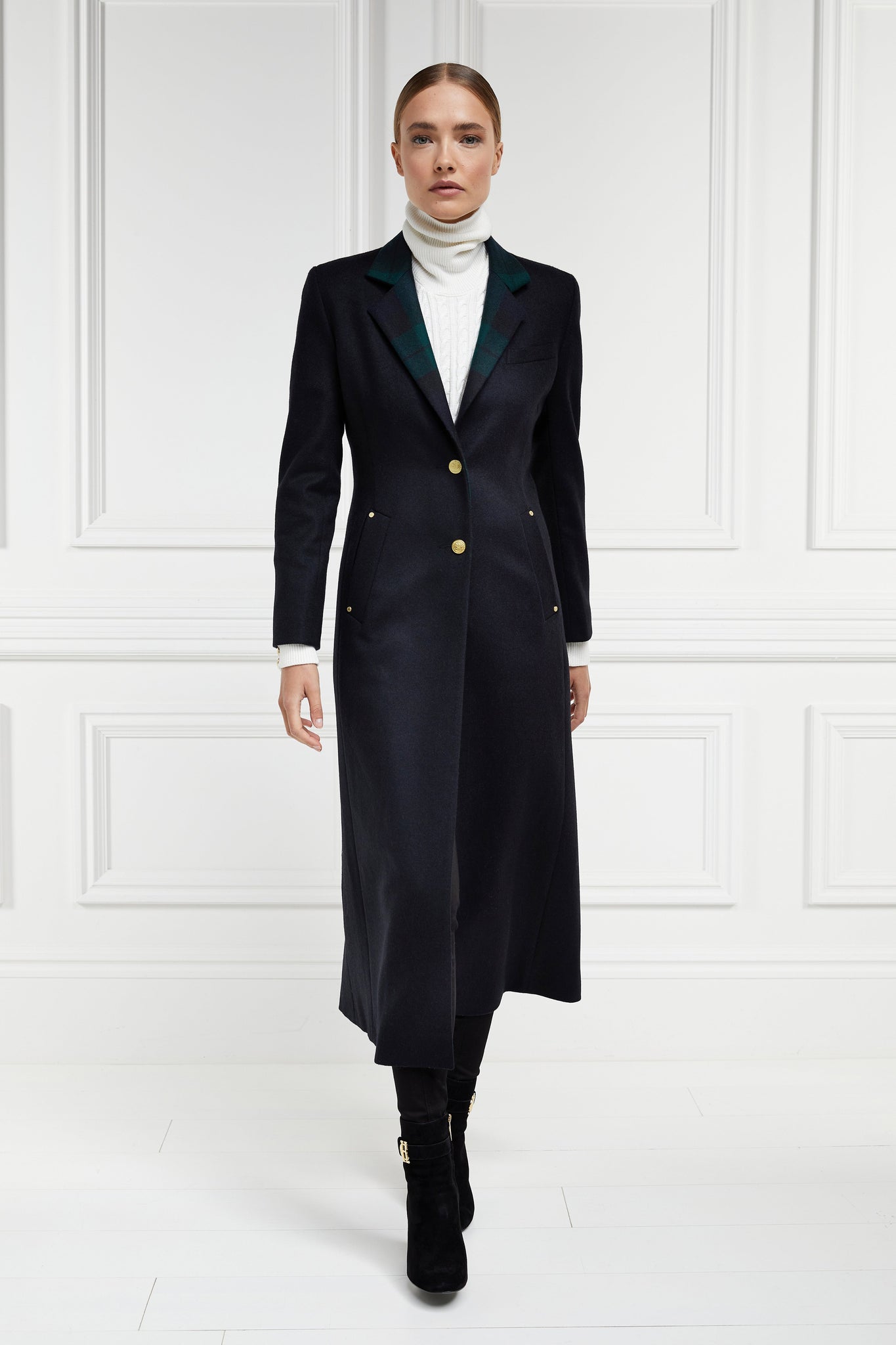 womens navy blue single breasted mid length wool coat with blackwatch lapel