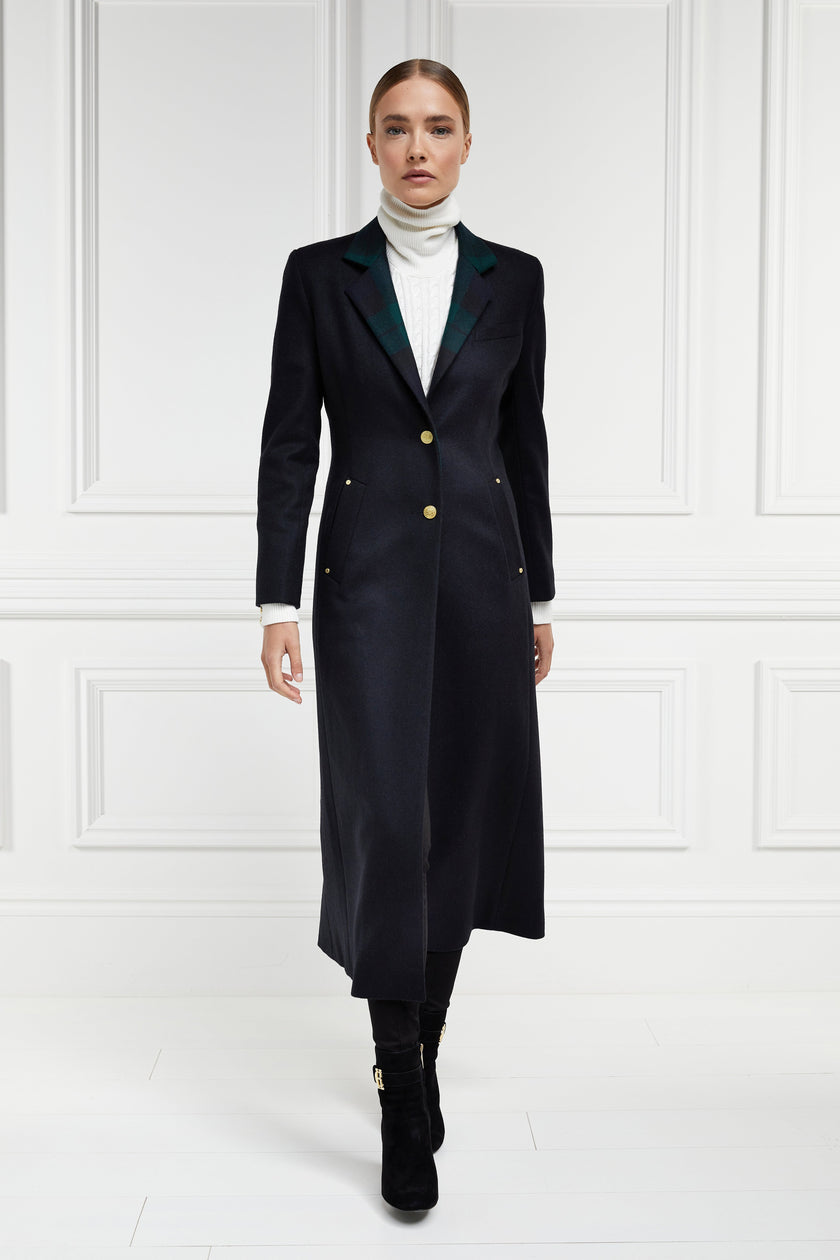 womens navy blue single breasted mid length wool coat with blackwatch lapel