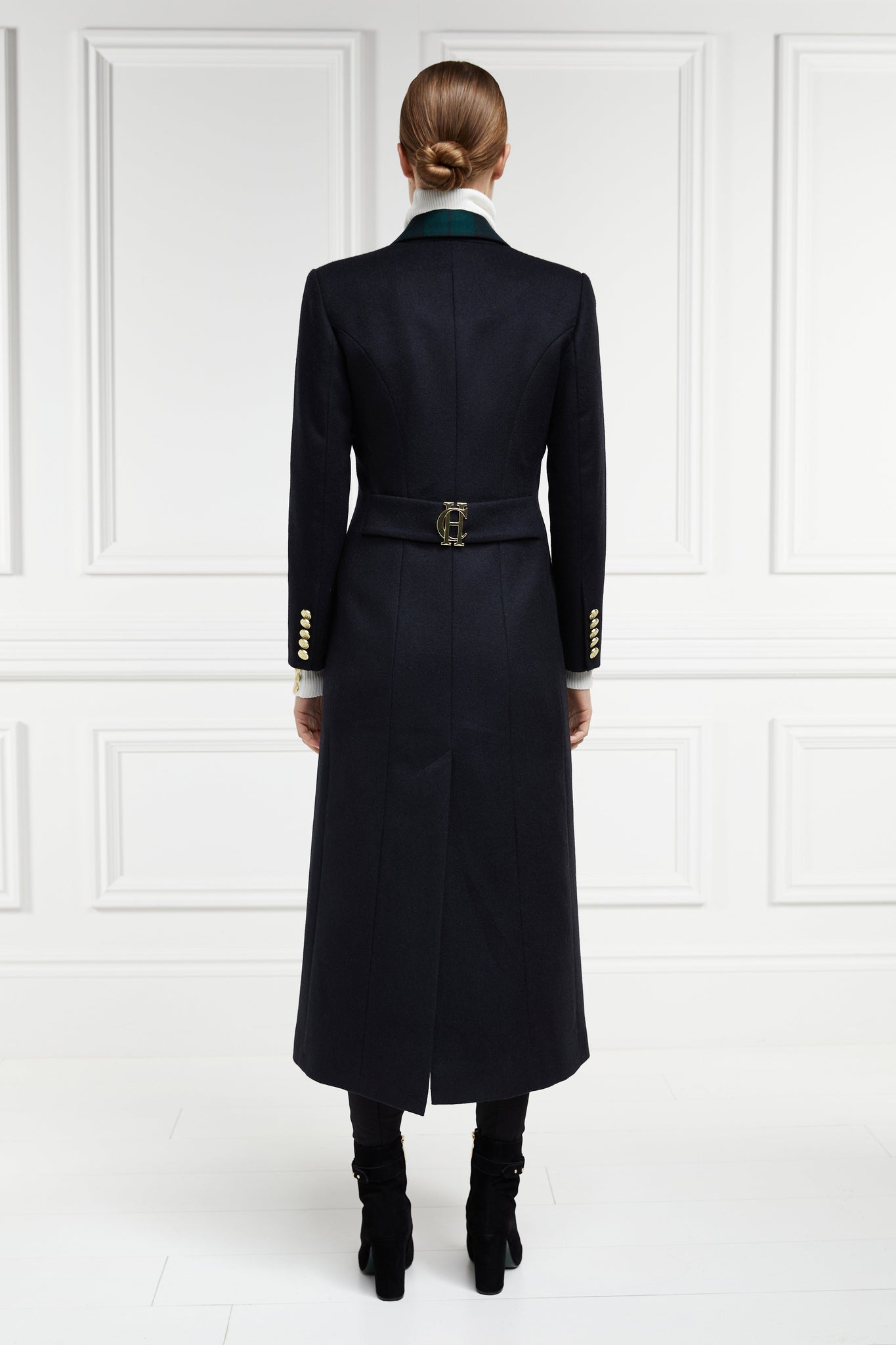 back of womens navy blue single breasted mid length wool coat with blackwatch lapel