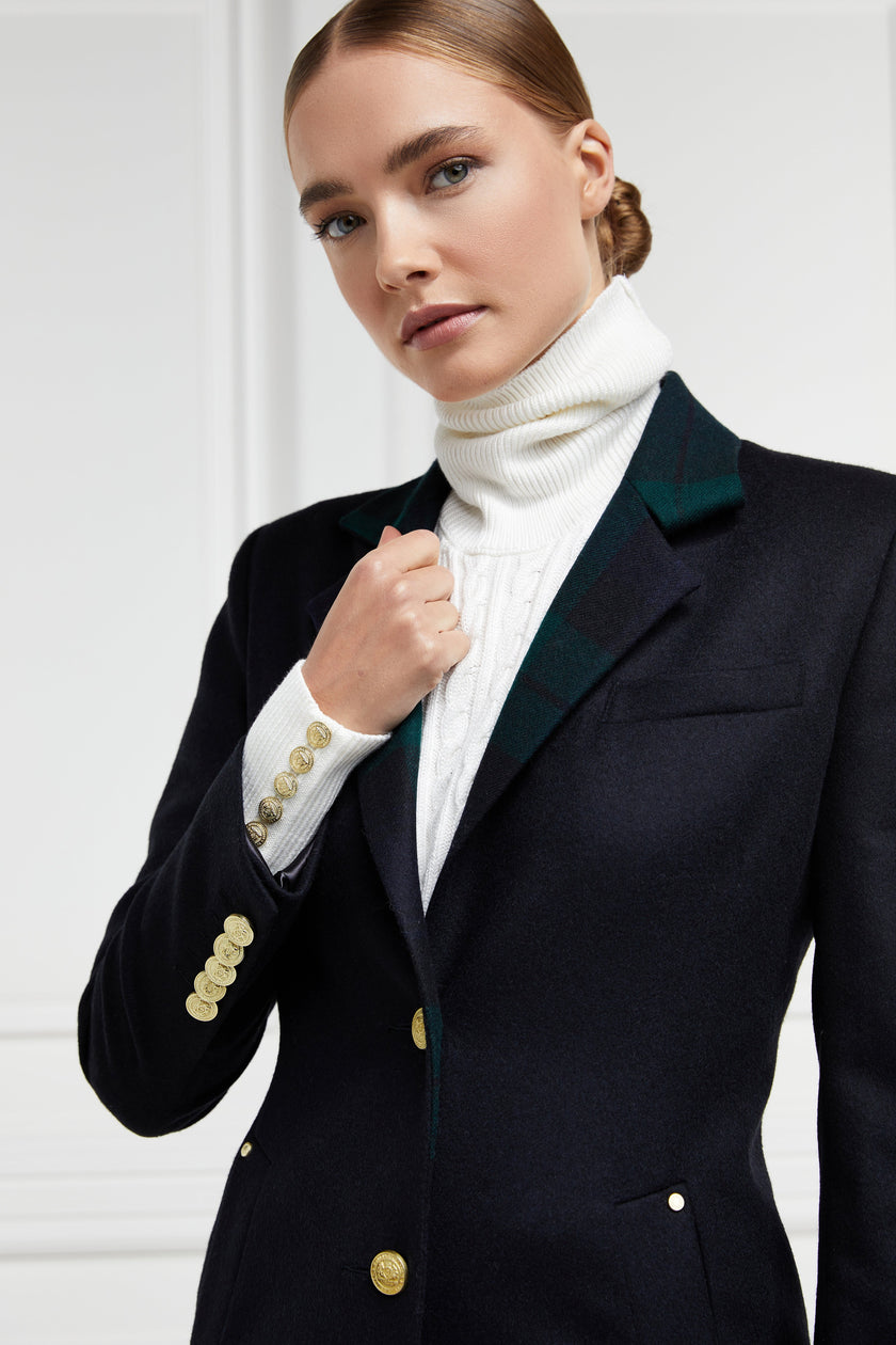 womens navy blue single breasted mid length wool coat with blackwatch lapel