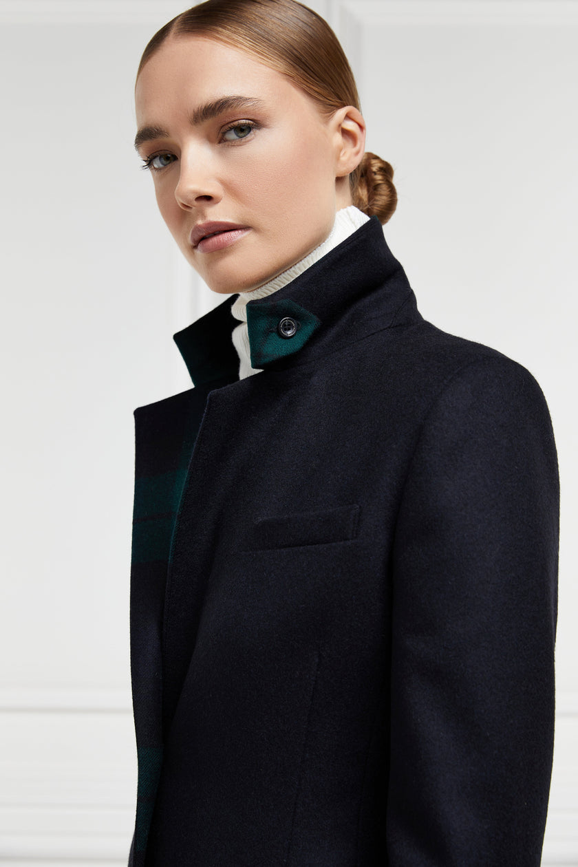 womens navy blue single breasted mid length wool coat with blackwatch lapel