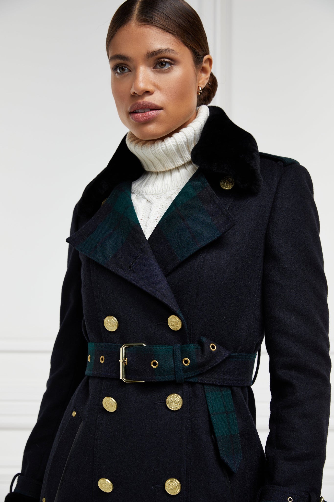 womens navy and green blackwatch houndstooth double breasted full length trench coat with black faux fur collar and cuffs