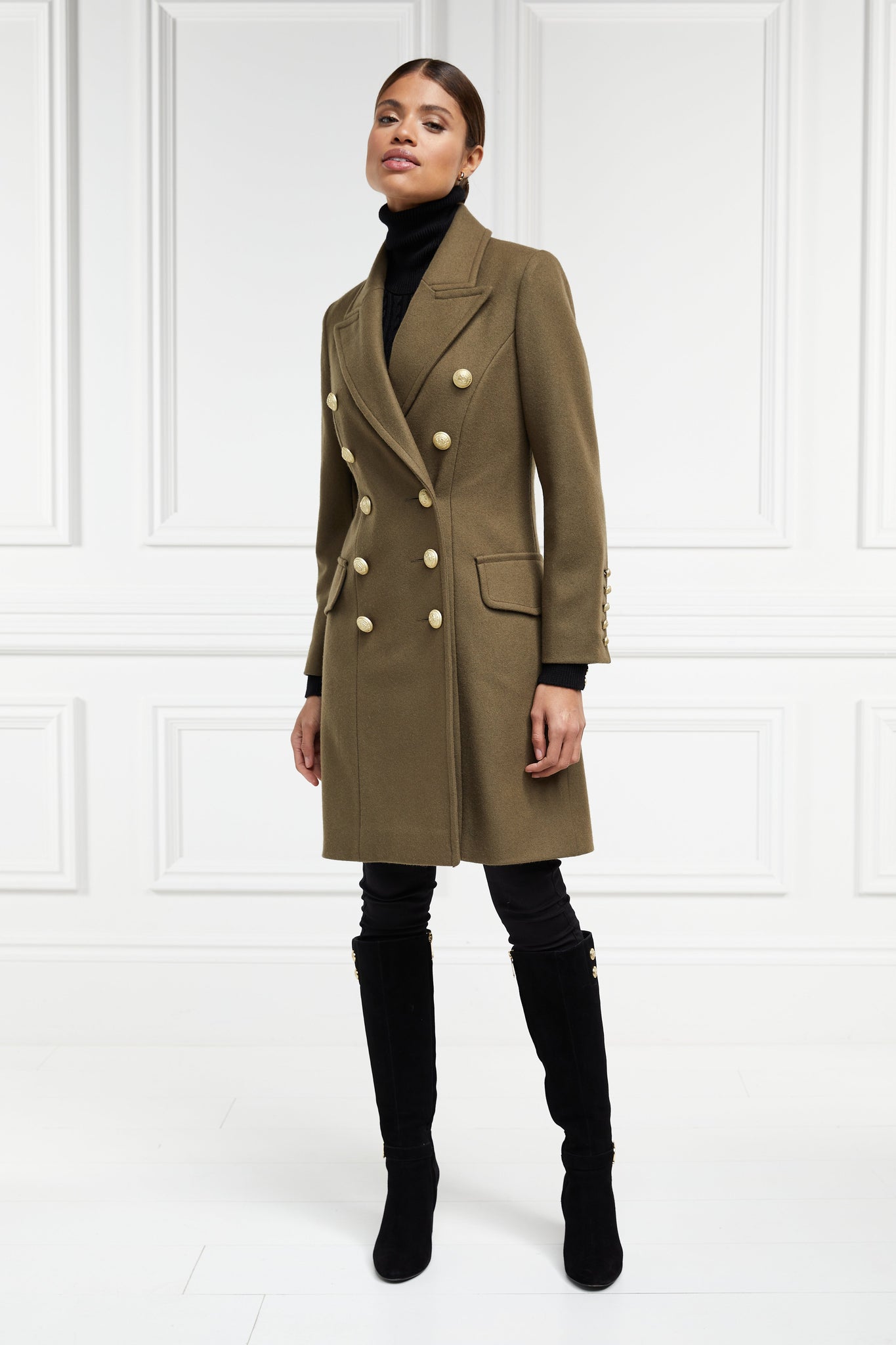 Womens khaki knee length wool military double breasted coat