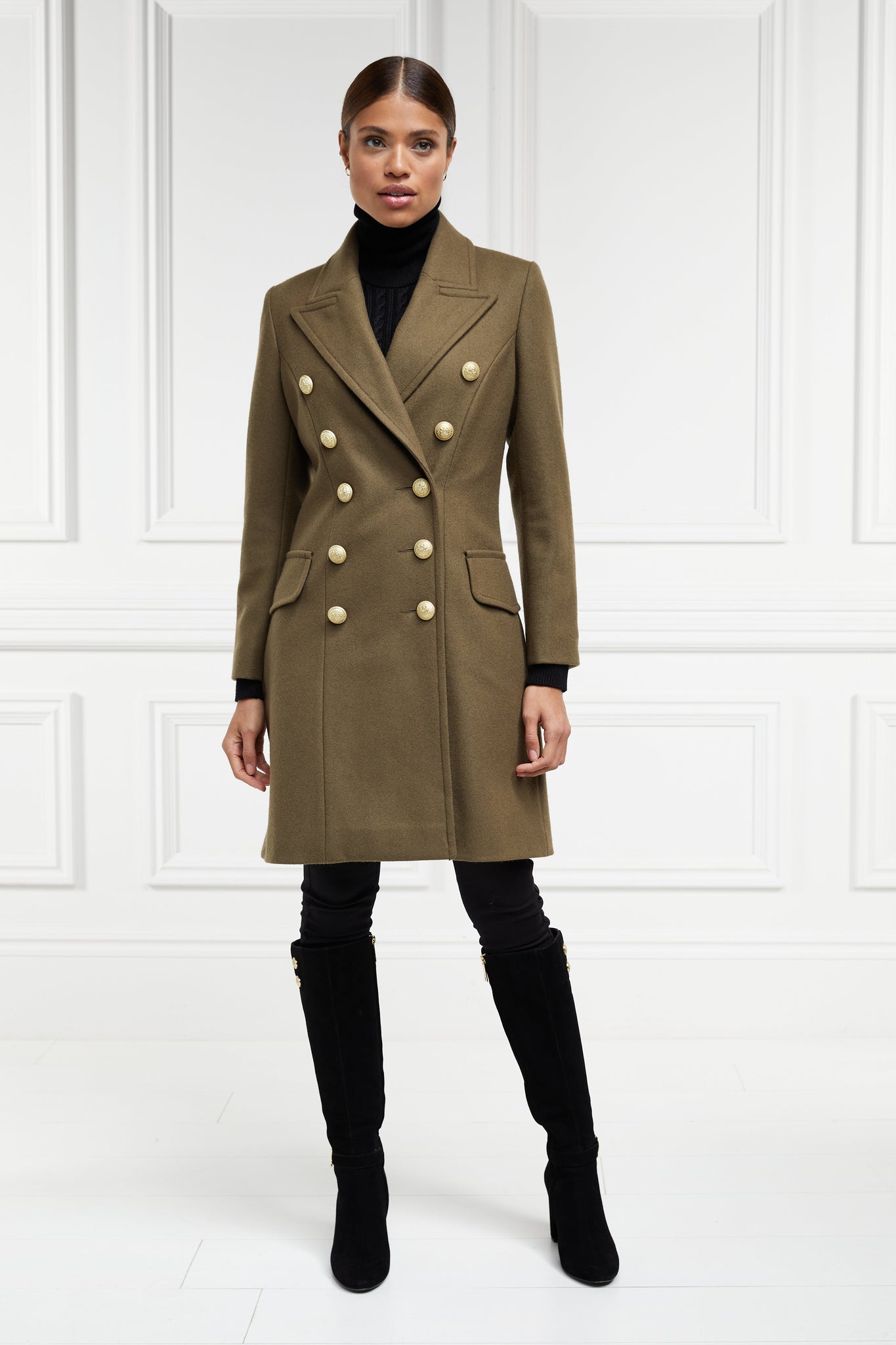 Womens khaki knee length wool military double breasted coat