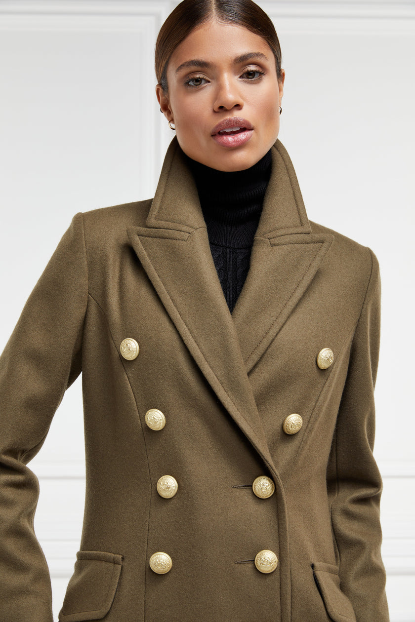 Womens khaki knee length wool military double breasted coat