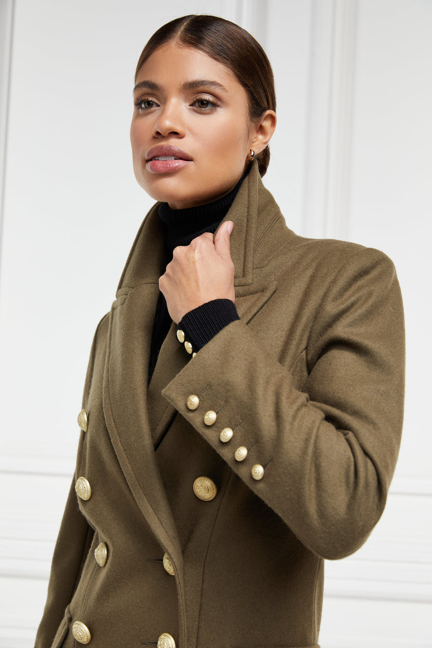 Womens khaki knee length wool military double breasted coat