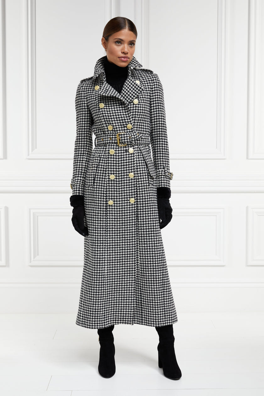 womens black and white houndstooth double breasted full length wool trench coat