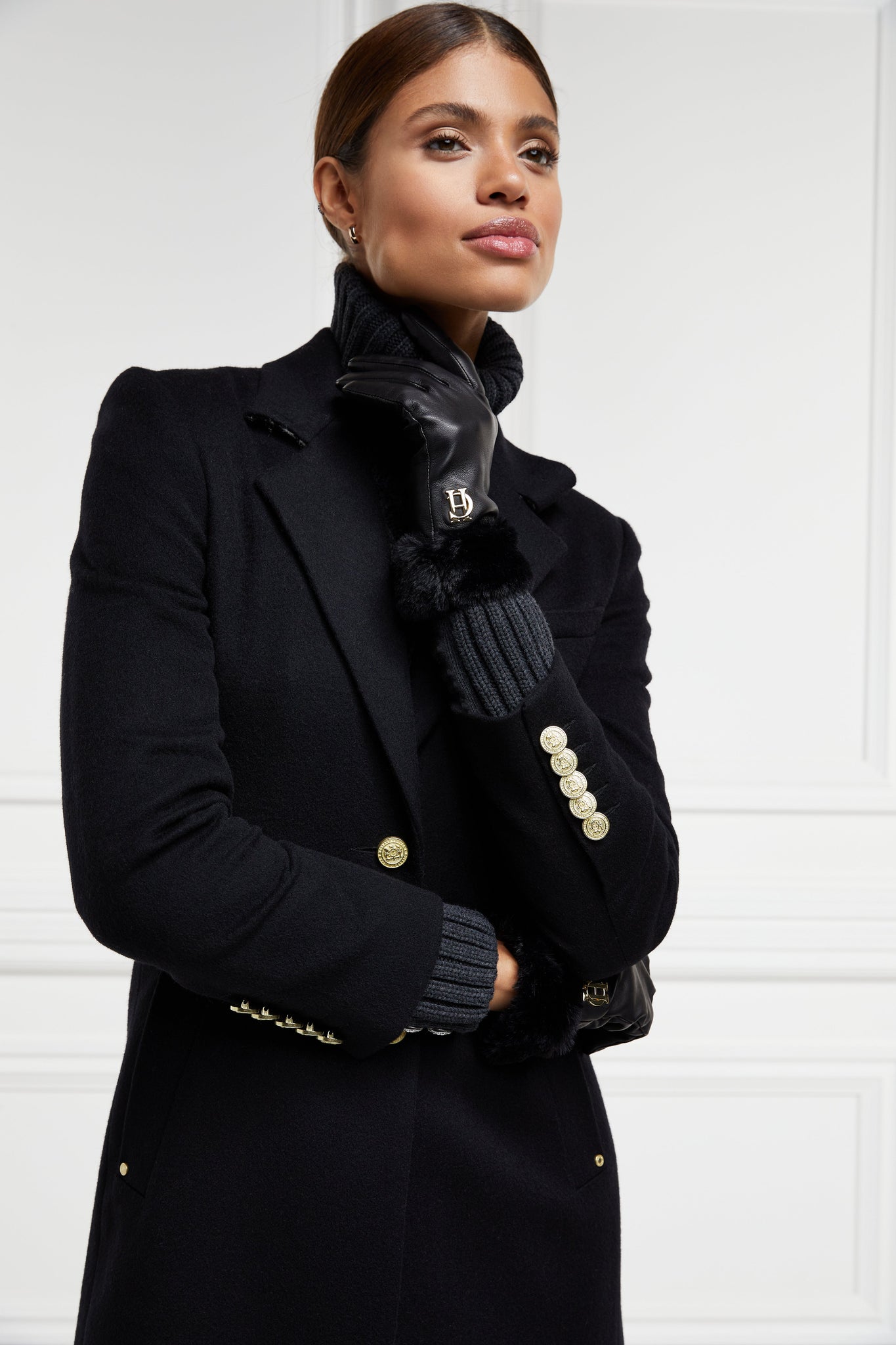 Cashmere Lined Faux Trim Leather Gloves (Black)