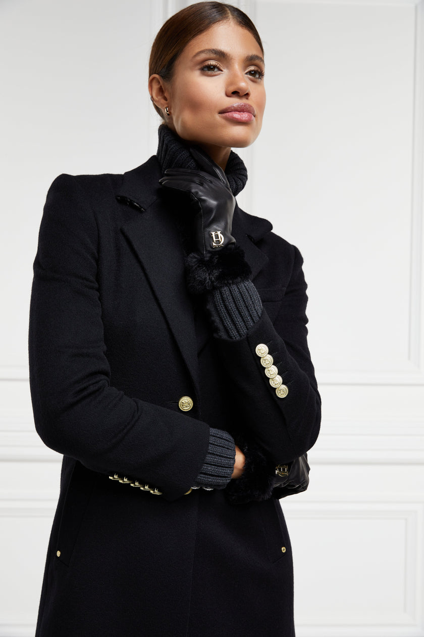 Cashmere Lined Faux Trim Leather Gloves (Black)