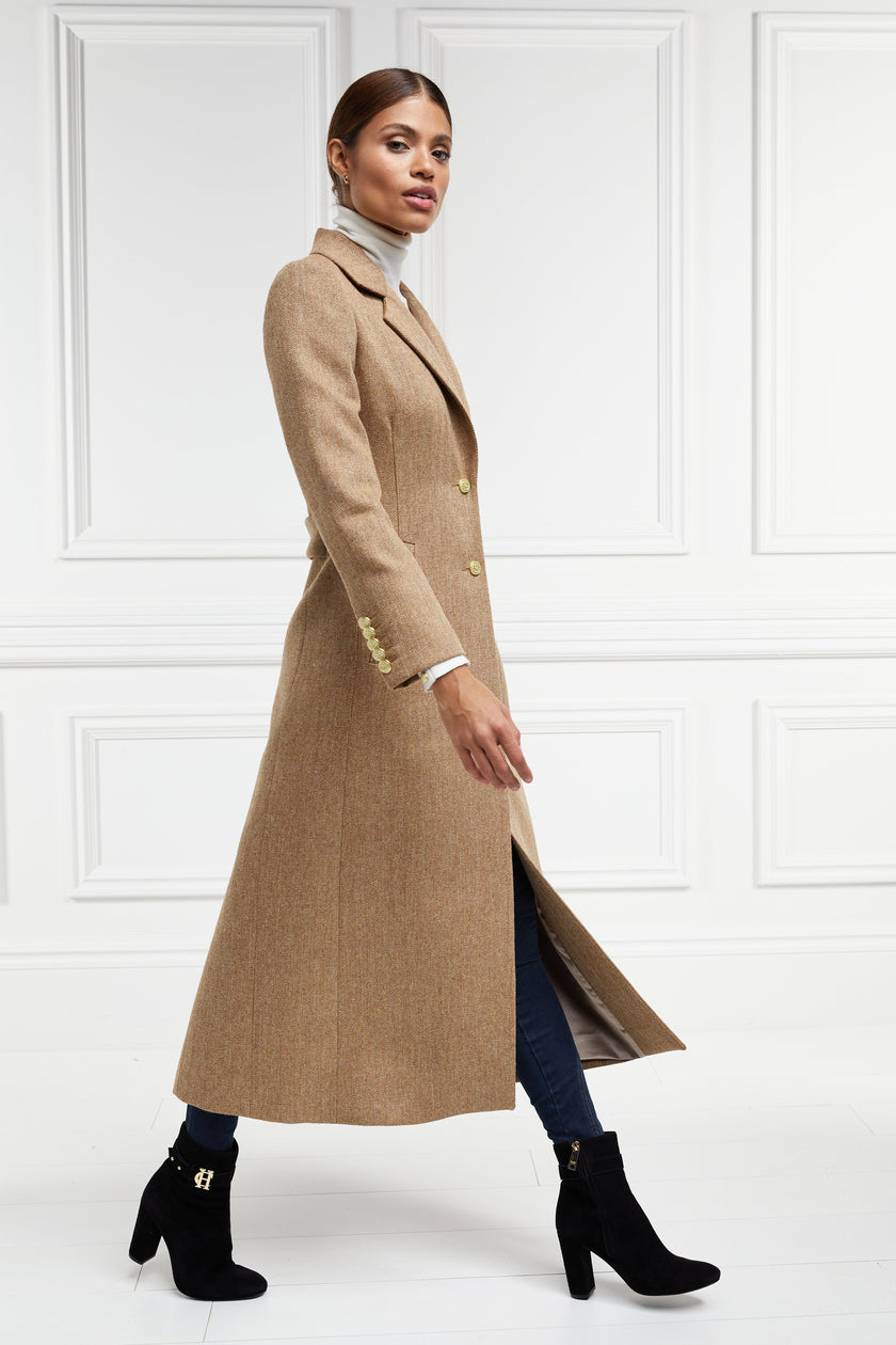 womens brown tweed single breasted full length wool coat