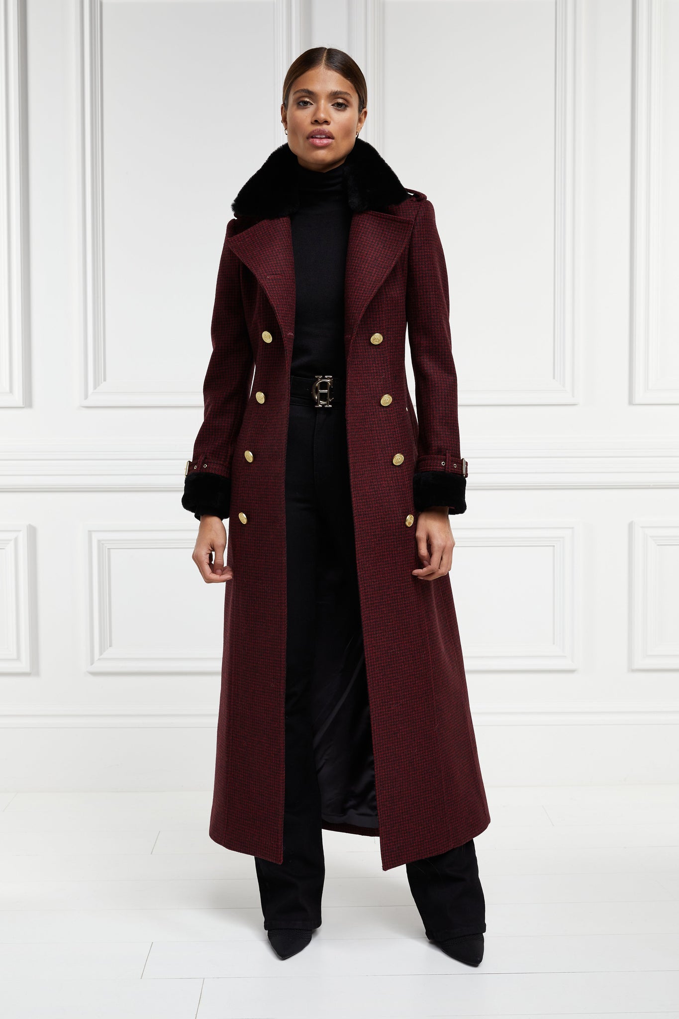 womens black and maroon houndstooth double breasted full length trench coat with black faux fur collar and cuffs