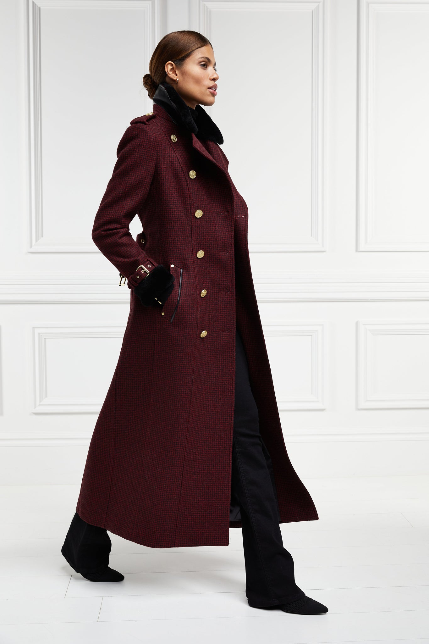 womens black and maroon houndstooth double breasted full length trench coat with black faux fur collar and cuffs