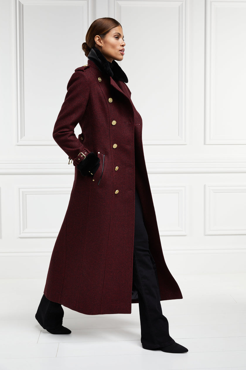 womens black and maroon houndstooth double breasted full length trench coat with black faux fur collar and cuffs