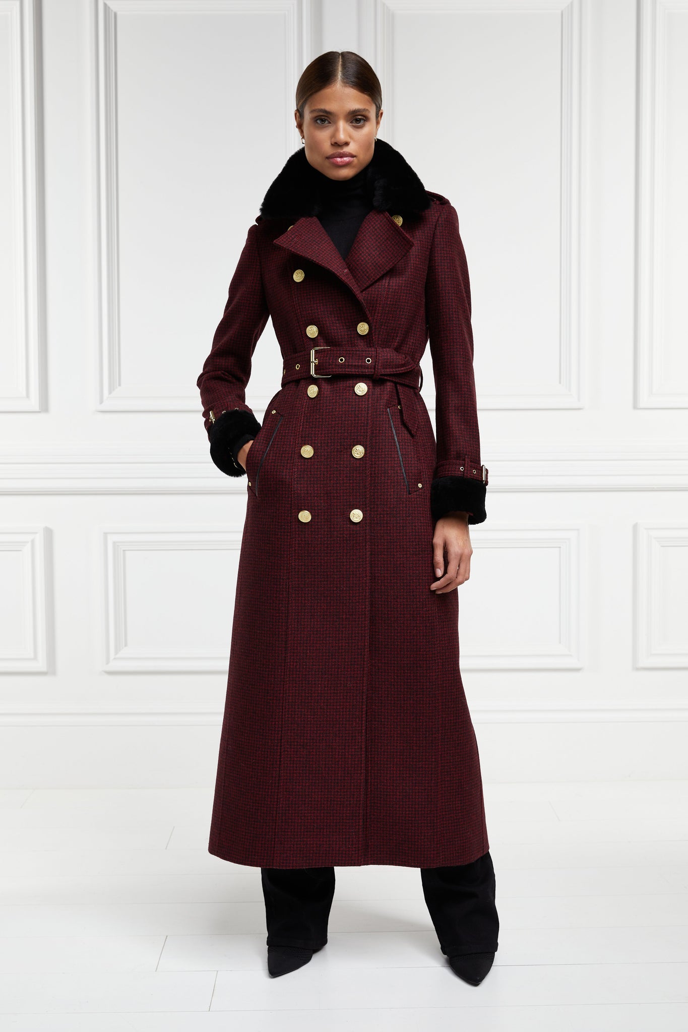 womens black and maroon houndstooth double breasted full length trench coat with black faux fur collar and cuffs