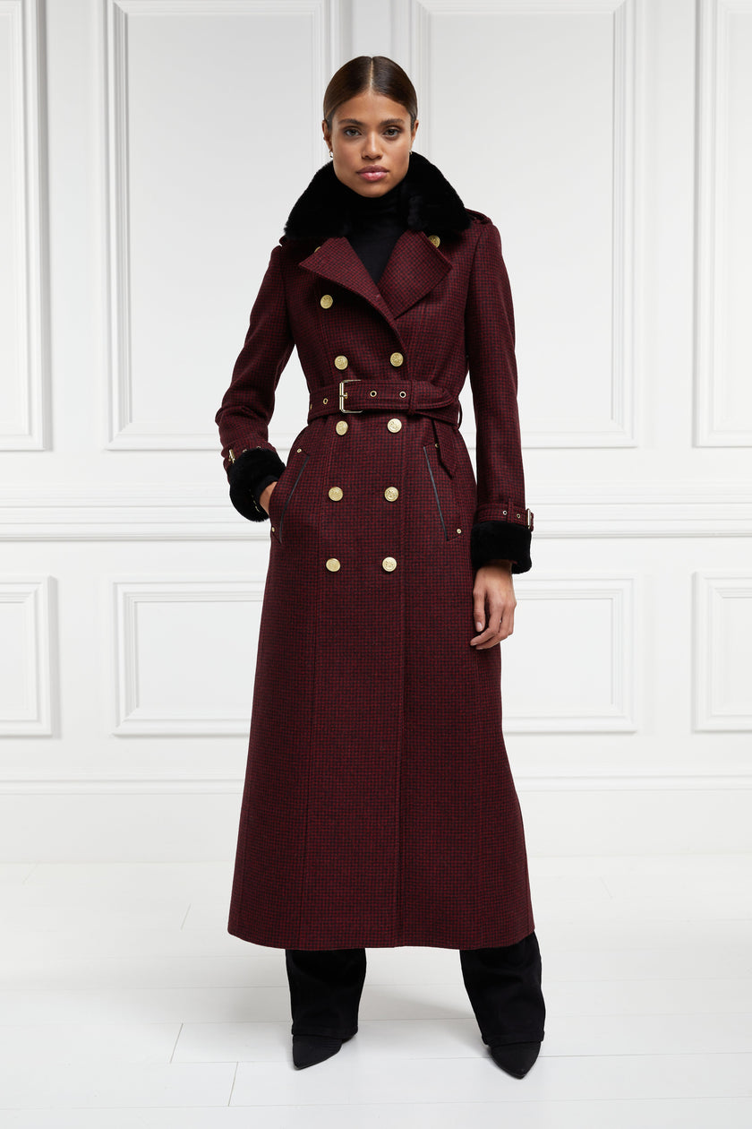 womens black and maroon houndstooth double breasted full length trench coat with black faux fur collar and cuffs