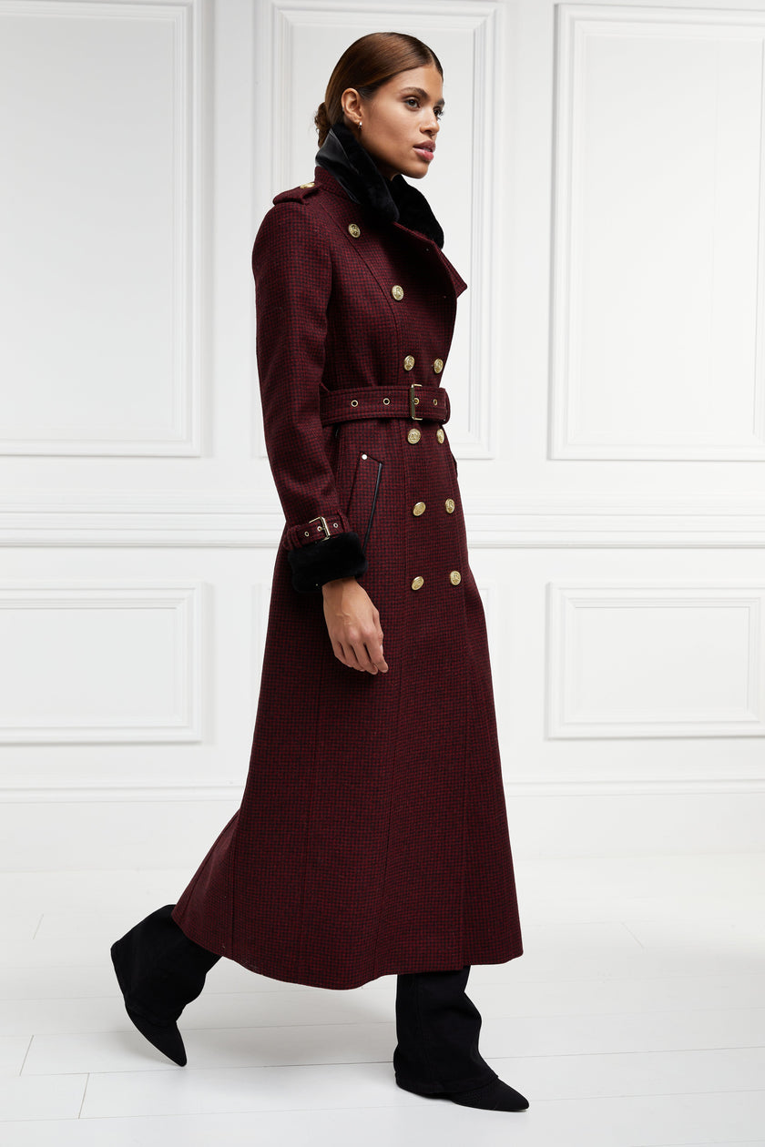 womens black and maroon houndstooth double breasted full length trench coat with black faux fur collar and cuffs