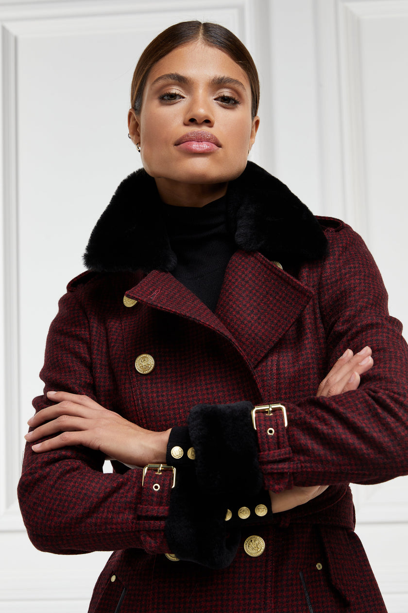 womens black and maroon houndstooth double breasted full length trench coat with black faux fur collar and cuffs