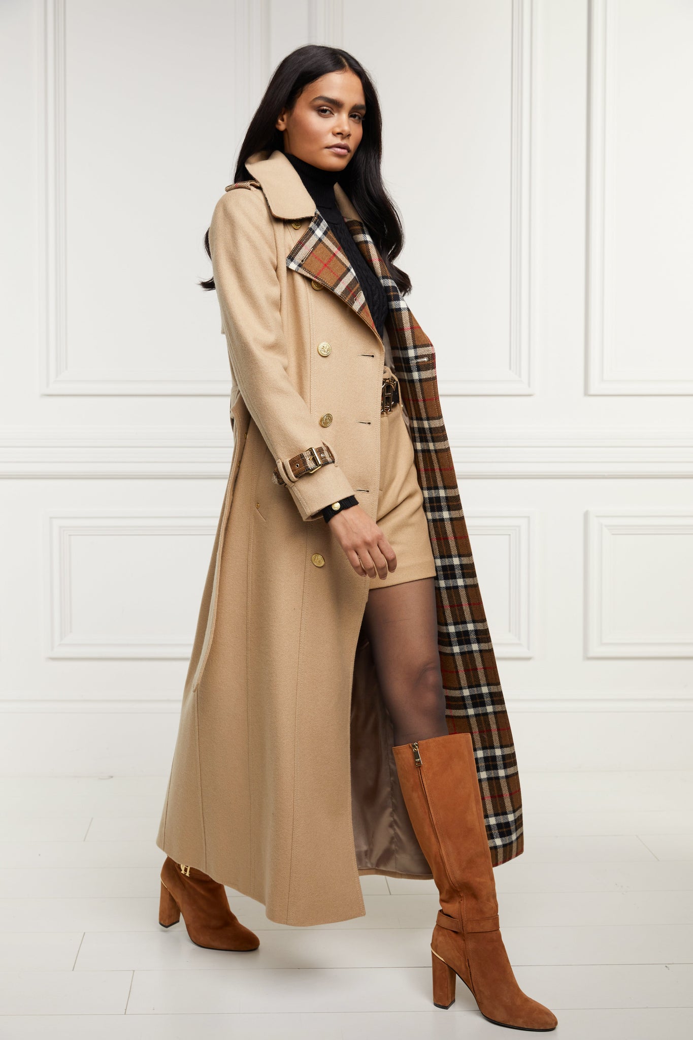 womens camel and brown check wool double breasted trench coat