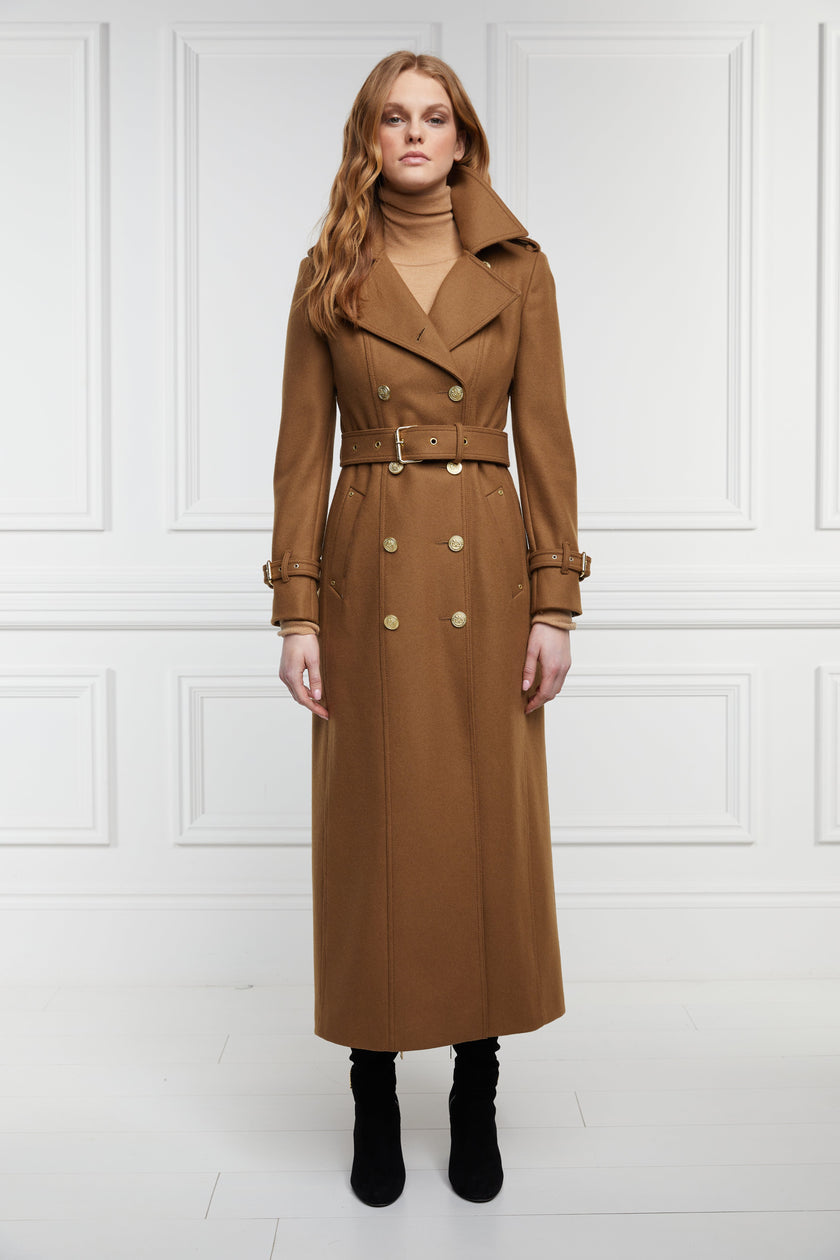 womens dark camel wool double breasted trench coat