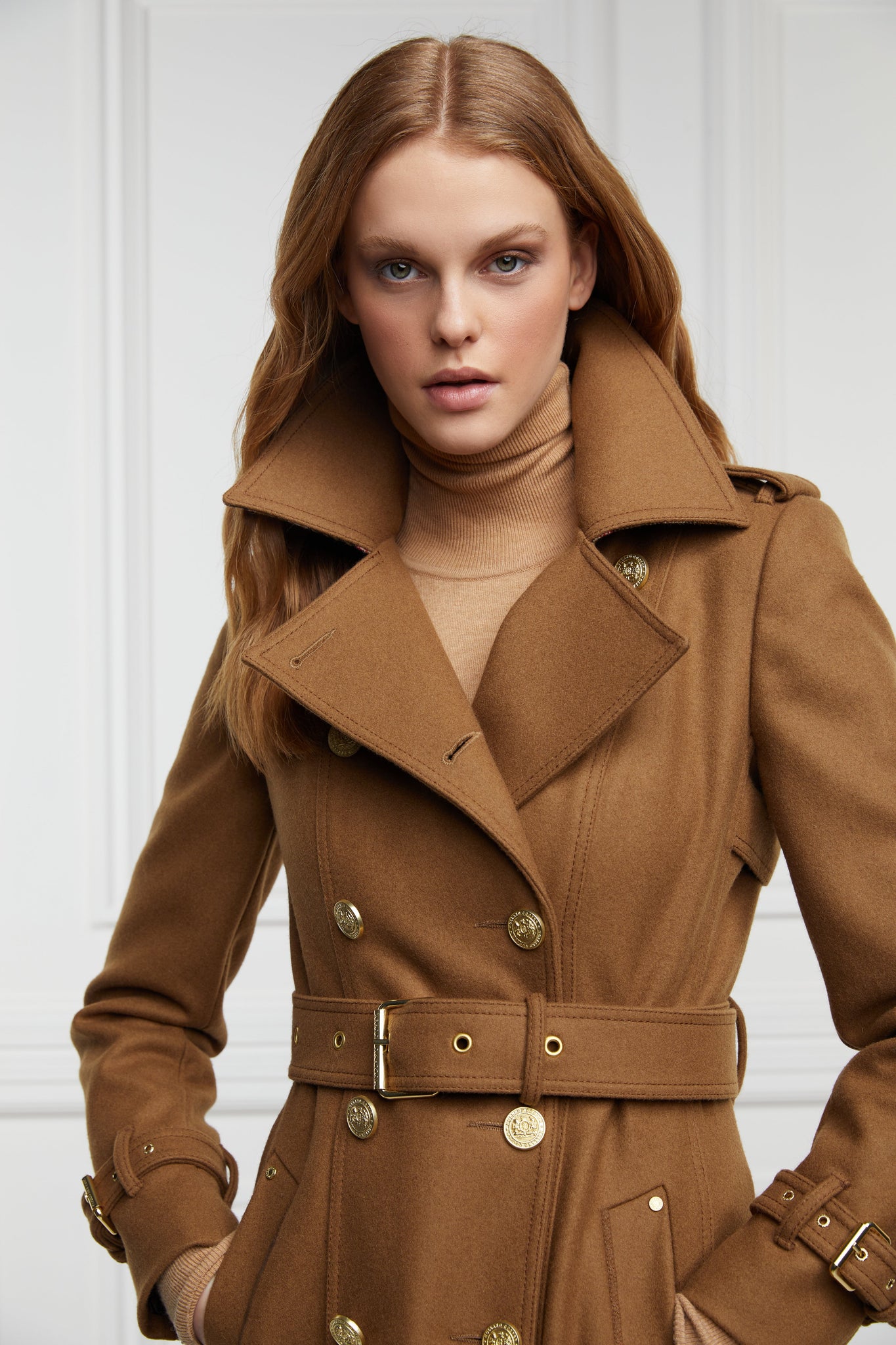 womens dark camel wool double breasted trench coat