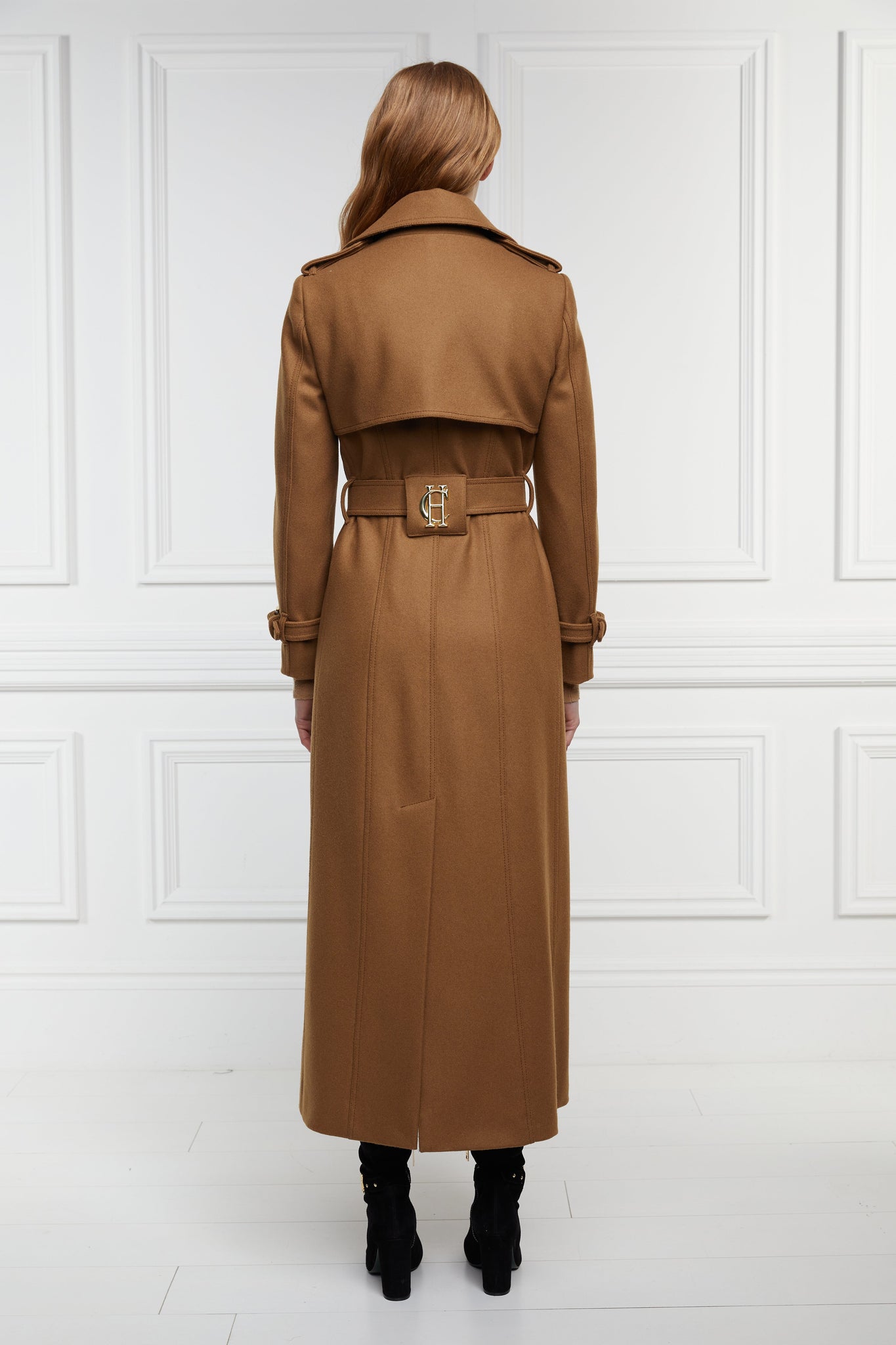 back of womens dark camel wool double breasted trench coat