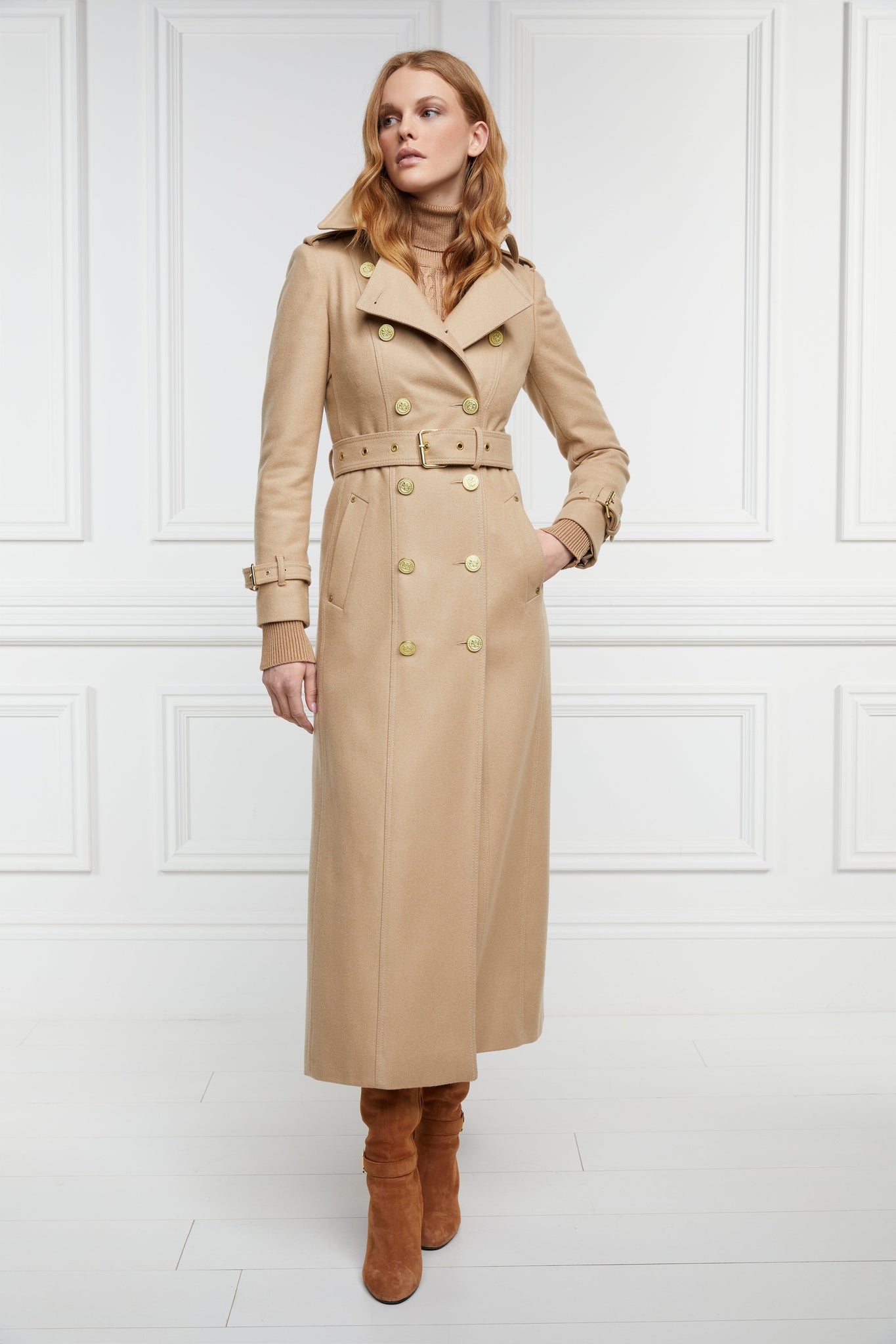 womens camel wool double breasted full length trench coat