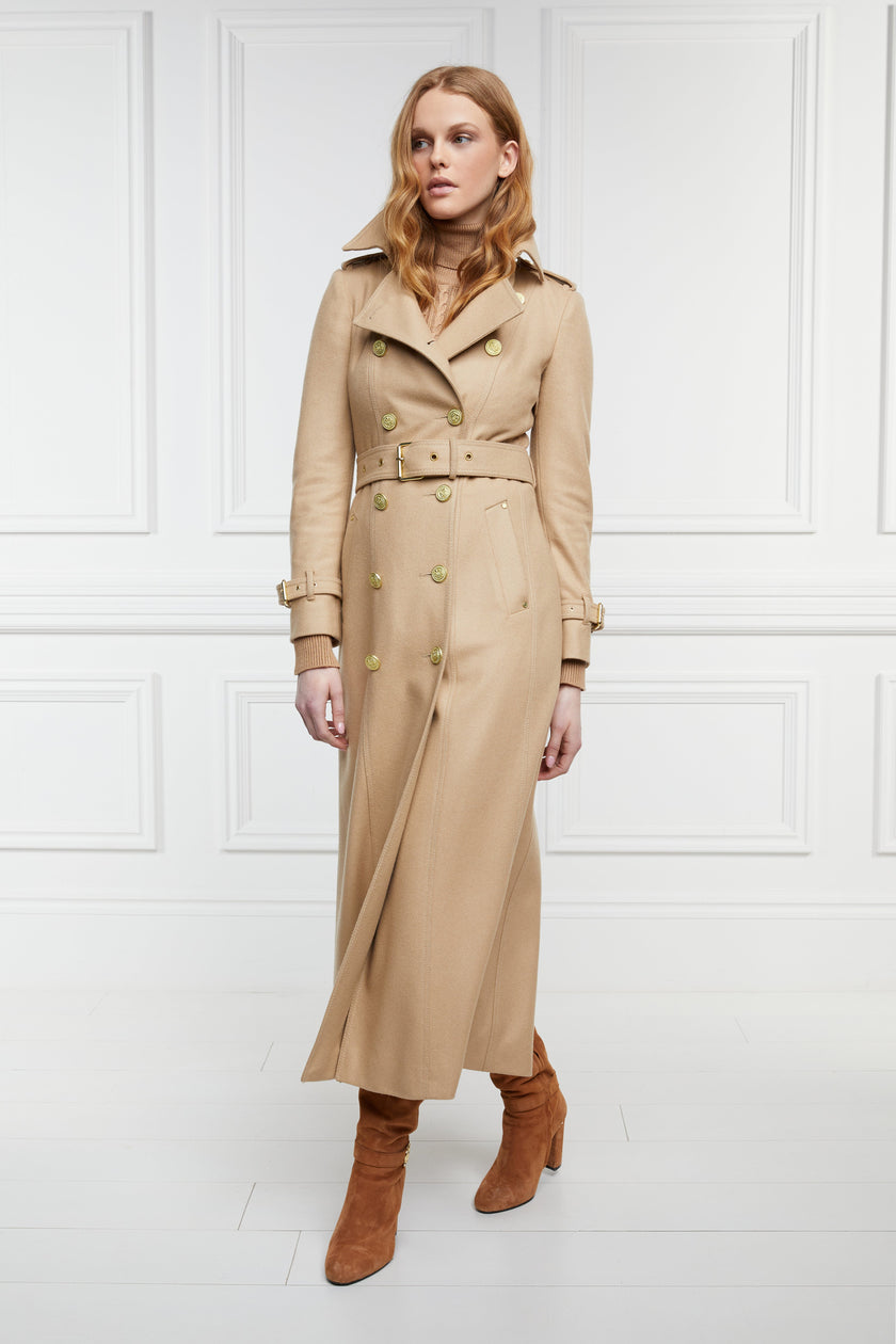 womens camel wool double breasted full length trench coat