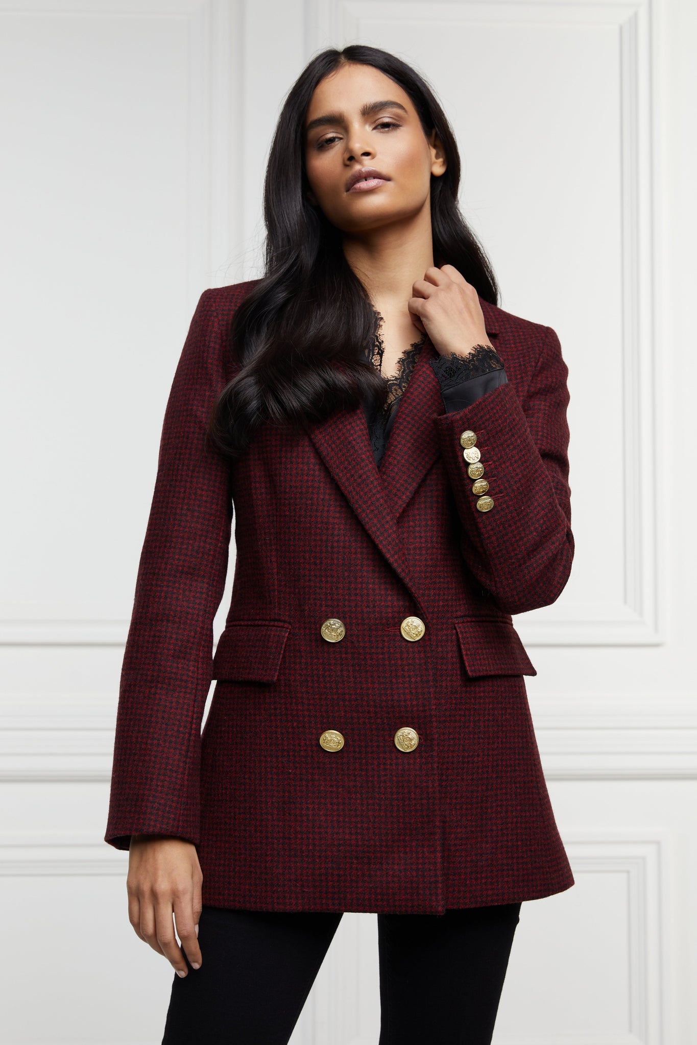 double breasted wool blazer in deep red houndstooth with two hip pockets and gold button detials down front and on cuffs and handmade in the uk