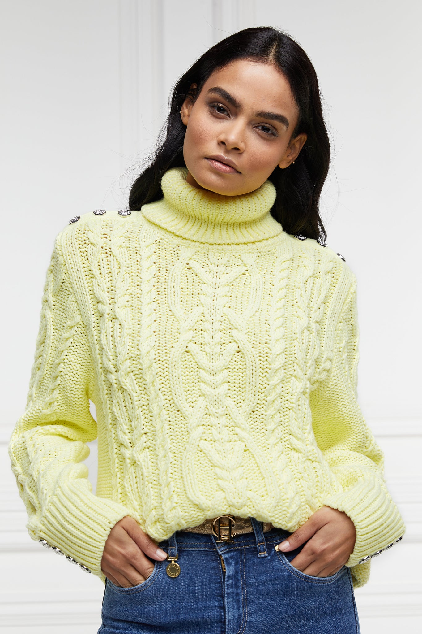 chunky cable knit jumper in lemon yellow with ribbed roll neck hem and cuffs