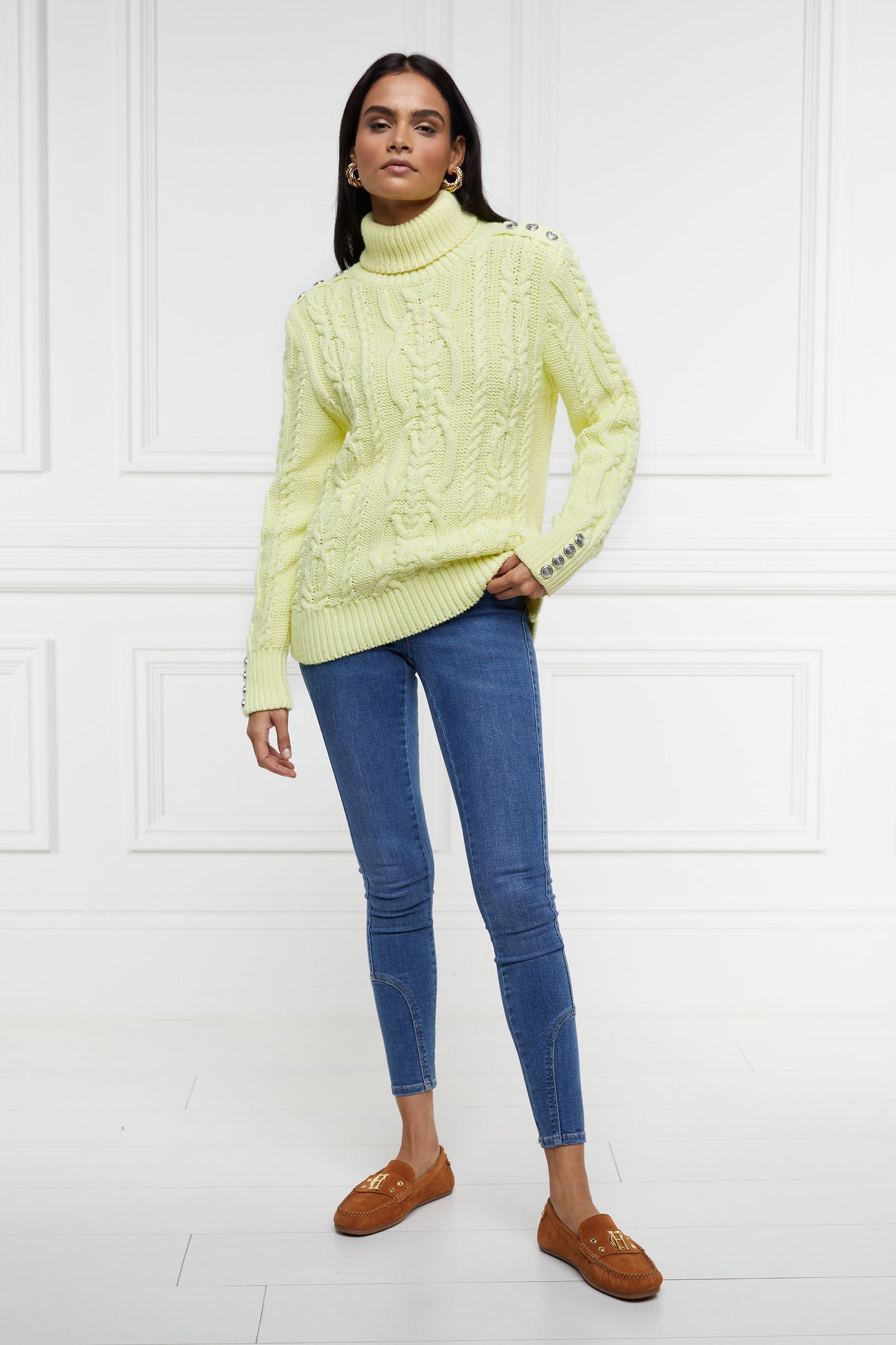 chunky cable knit jumper in lemon yellow with ribbed roll neck hem and cuffs