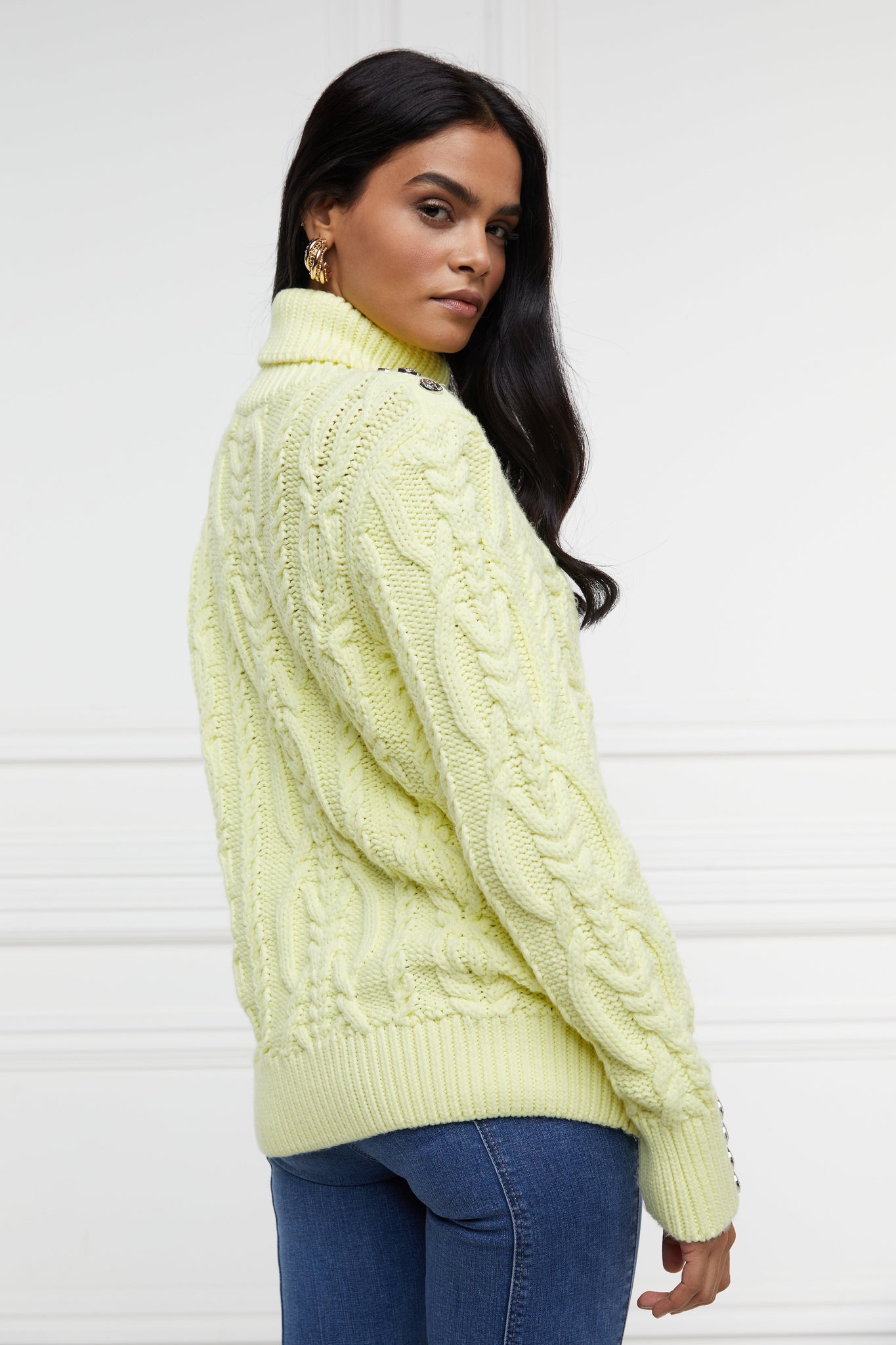 chunky cable knit jumper in lemon yellow with ribbed roll neck hem and cuffs