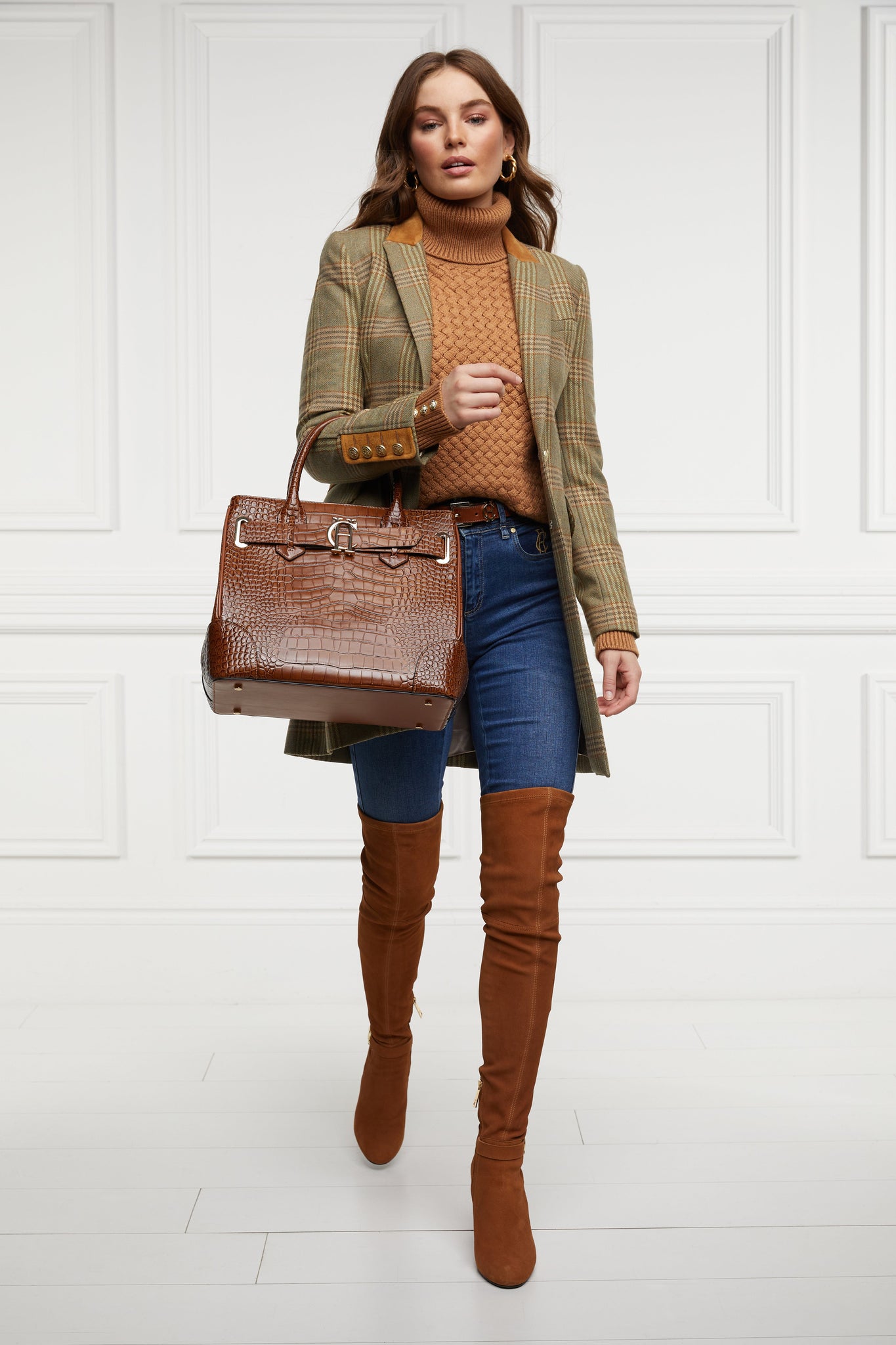 womens lightweight roll neck basket weave knit jumper in caramel worn under a mid length tailored coat in leveret