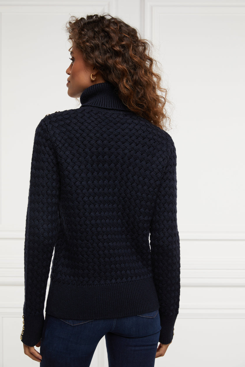 back of womens lightweight roll neck basket weave knit jumper in navy