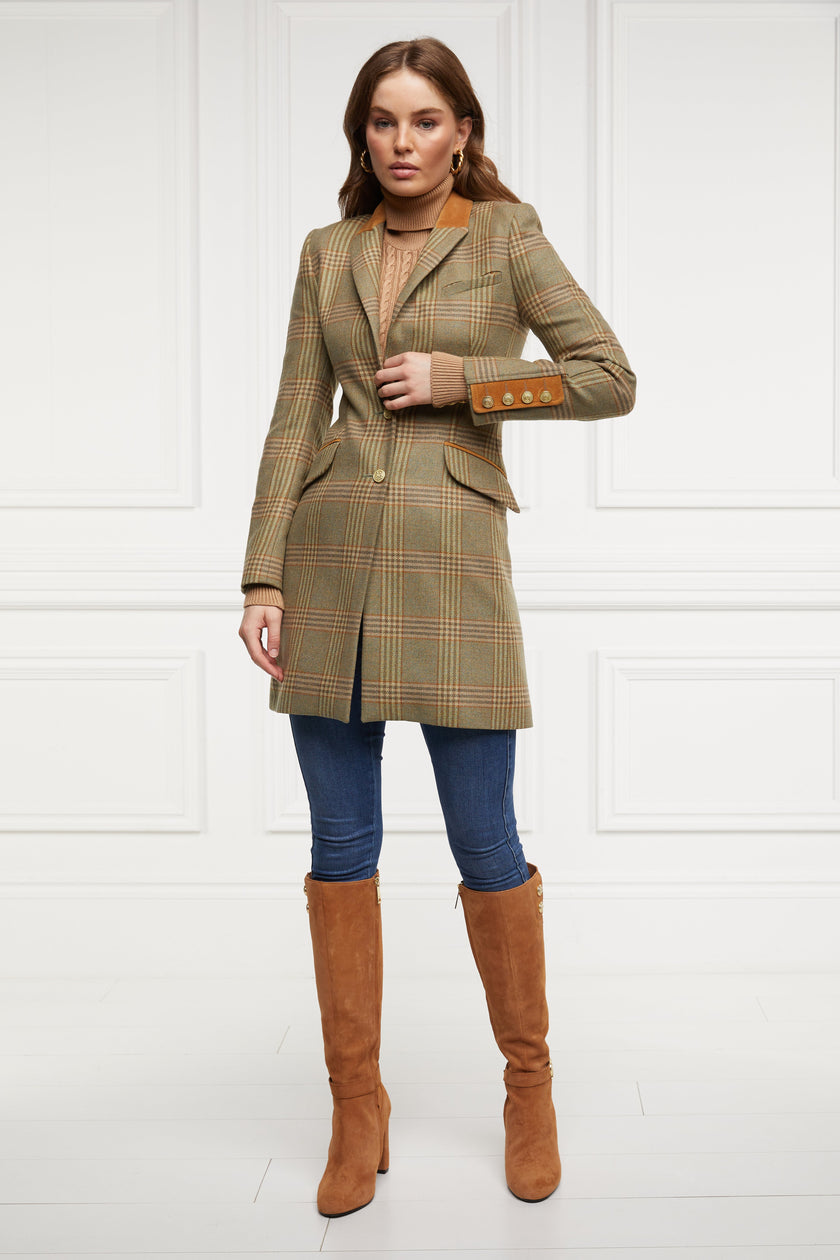 green tweed womens coat with gold hardware and tan suede detailing