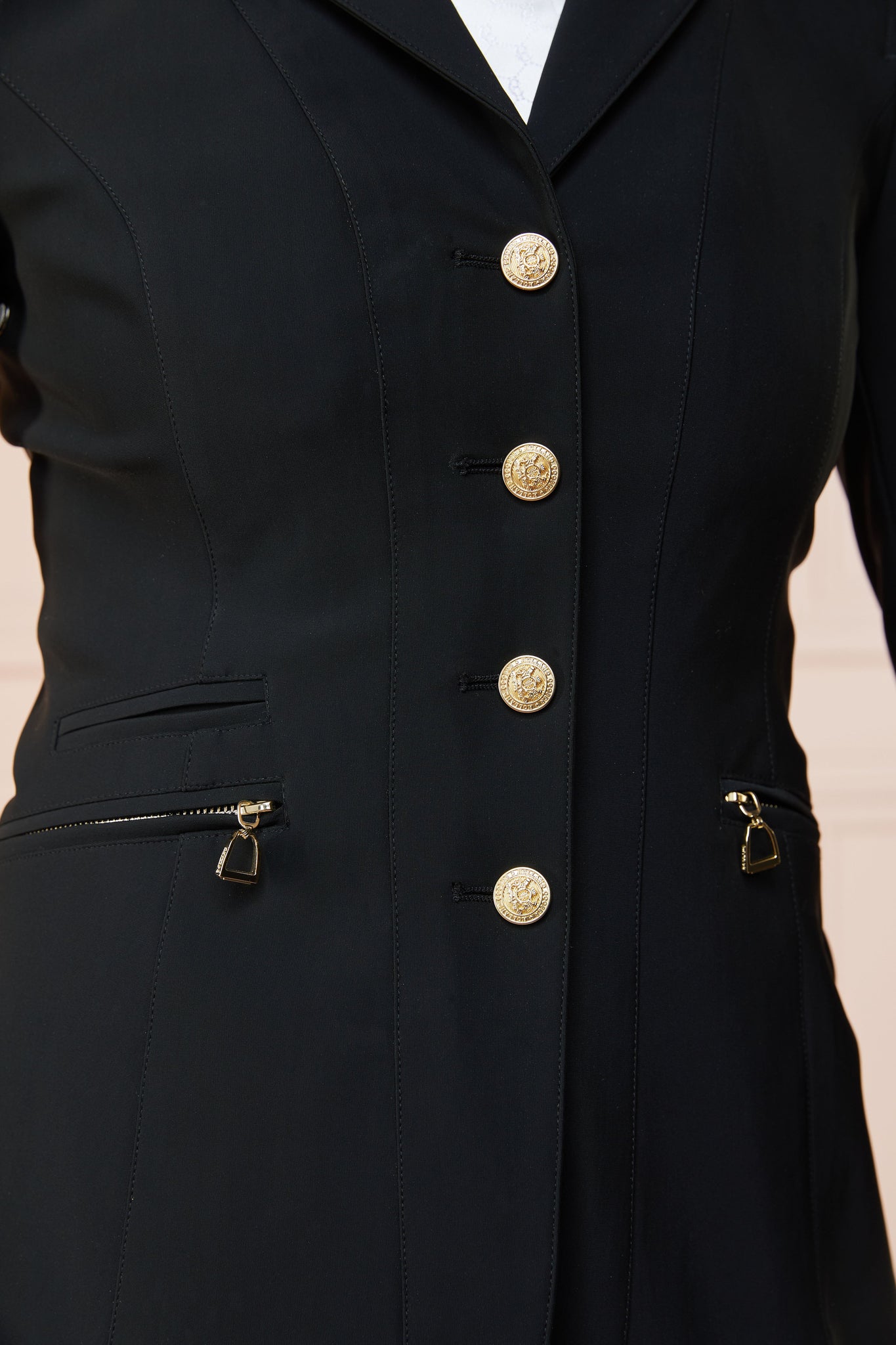 womens black competition jacket with gold hardware 