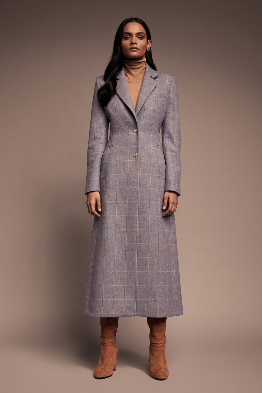 womens purple, grey and blue check single breasted full length wool coat