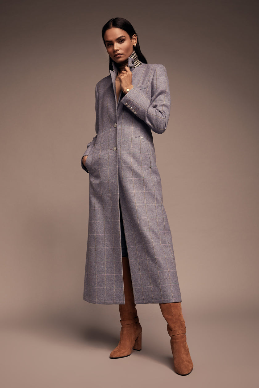 womens purple, grey and blue check single breasted full length wool coat