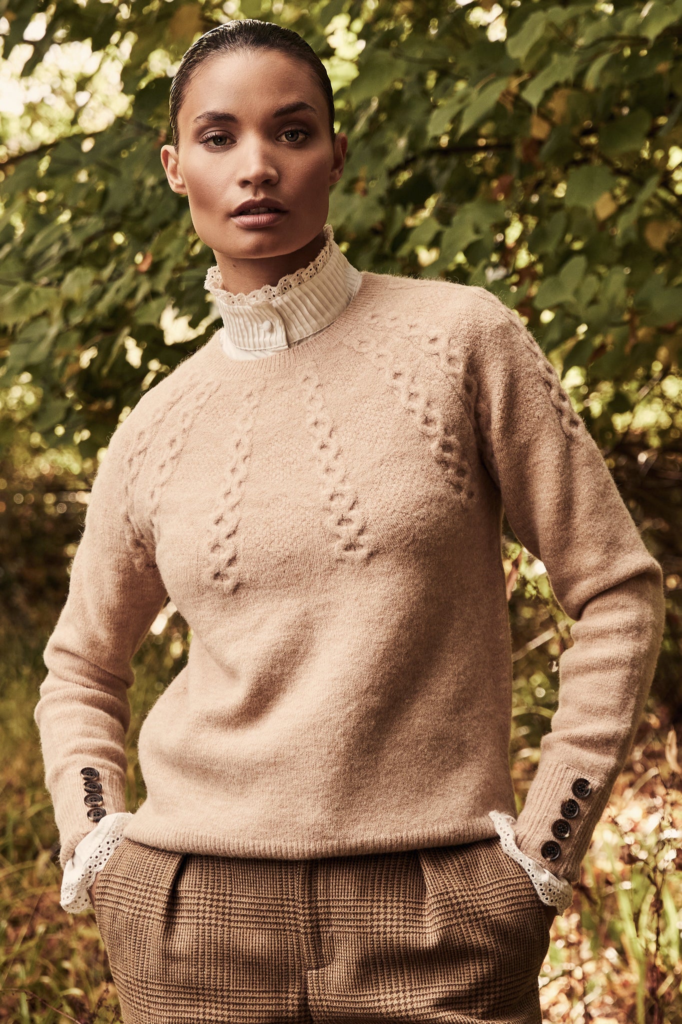 womens chunky knit crew neck jumper in camel with half cable knit knit detailing and horn buttons across cuffs 