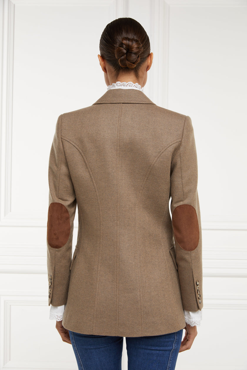 back of womens tailored fit single breasted blazer in camel herringbone with patch pockets and contrast tan suede elbow patches and underside collar