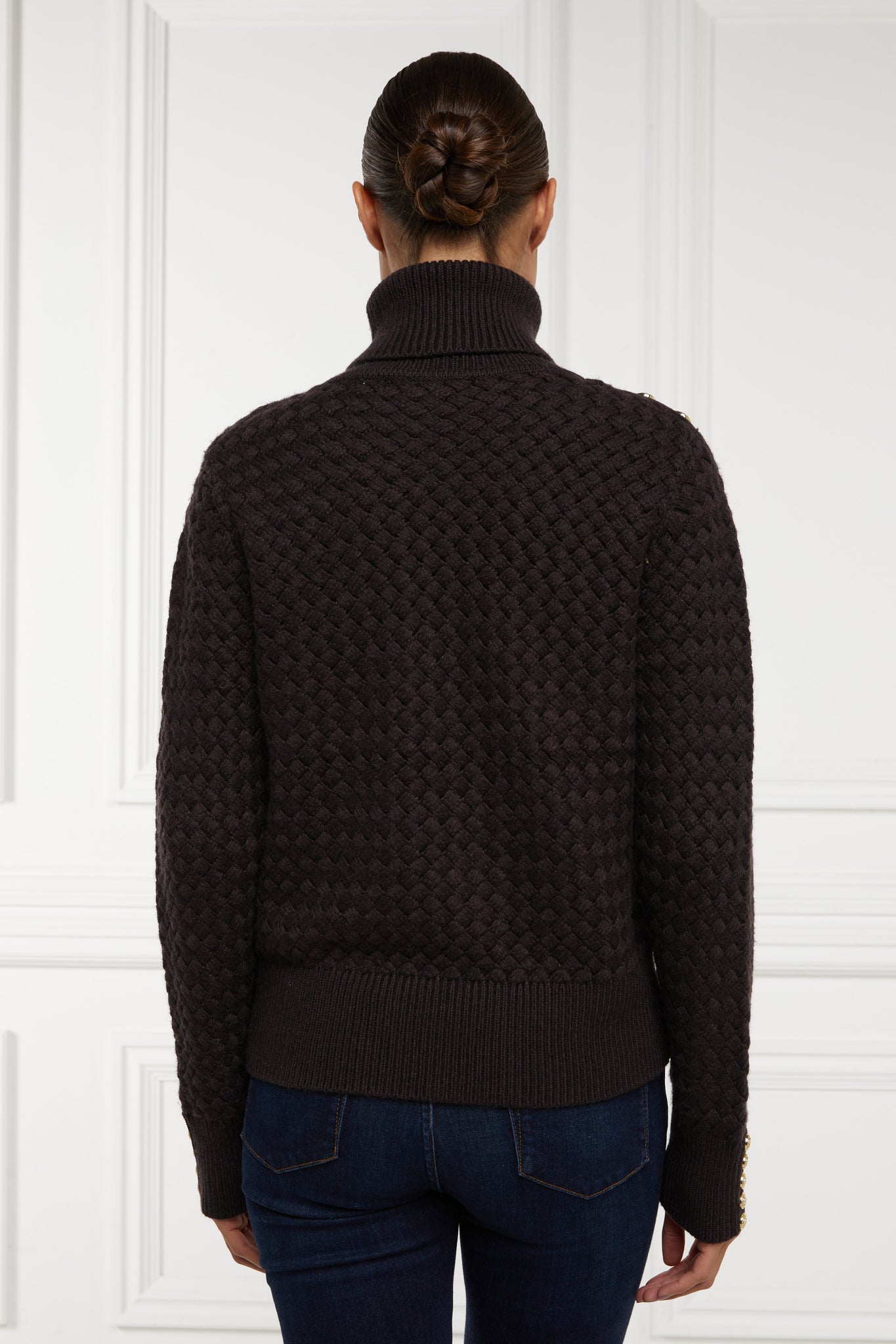 back of womens lightweight roll neck basket weave knit jumper in chocolate