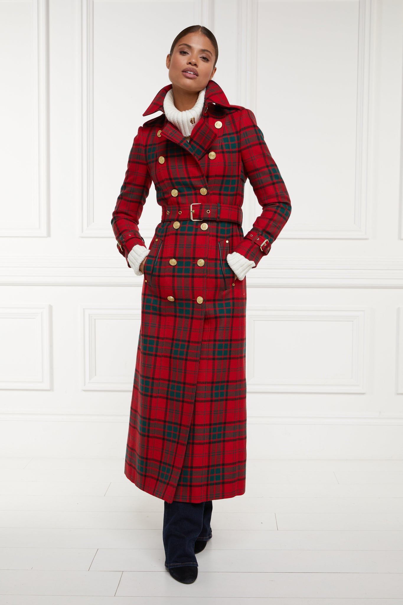 womens red green tartan double breasted full length wool trench coat