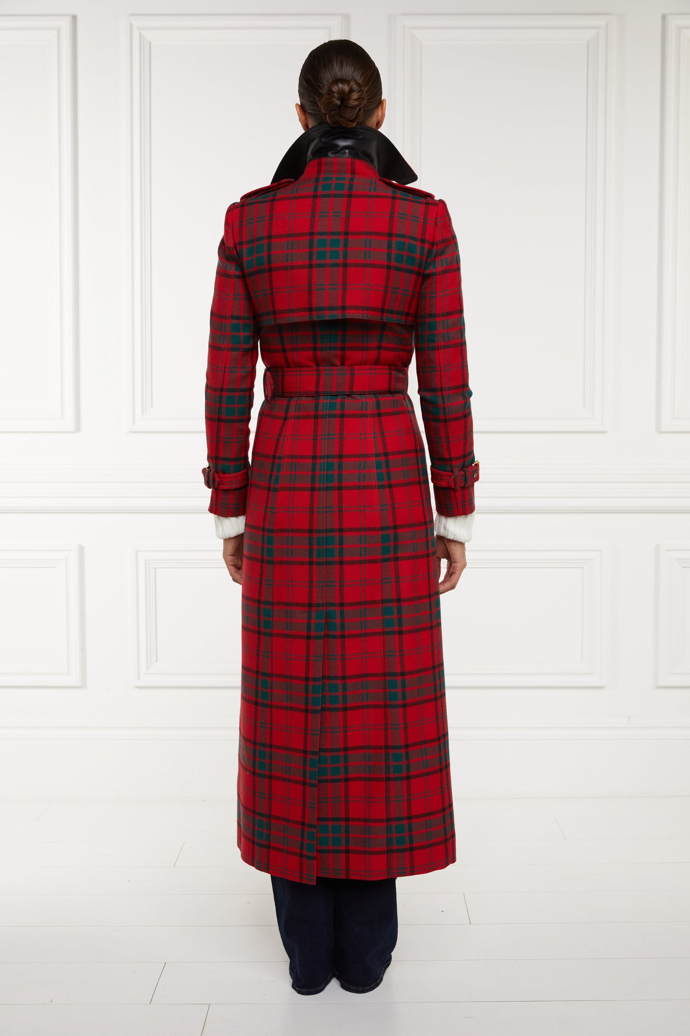 back of womens red green tartan double breasted full length wool trench coat