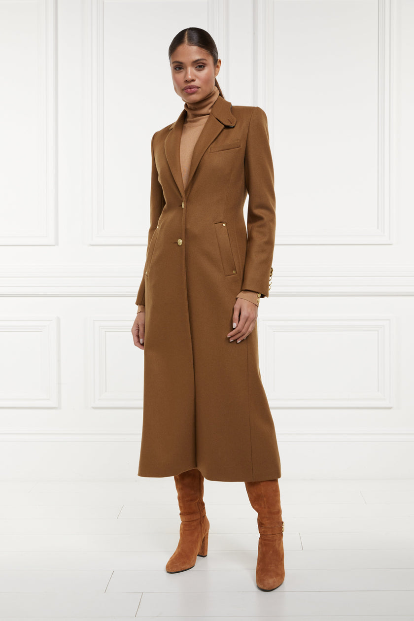 womens dark camel single breasted full length wool coat