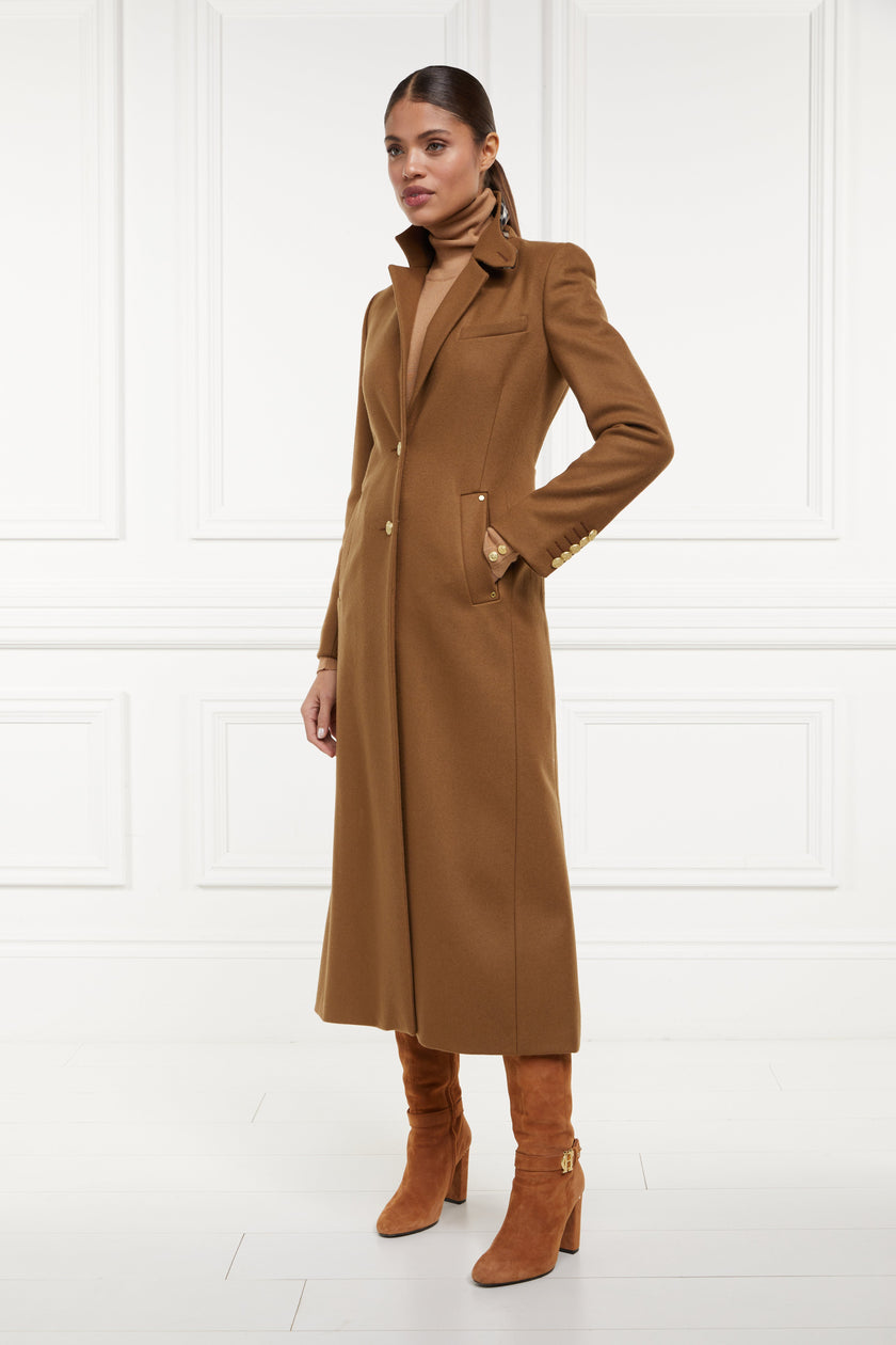 womens dark camel single breasted full length wool coat