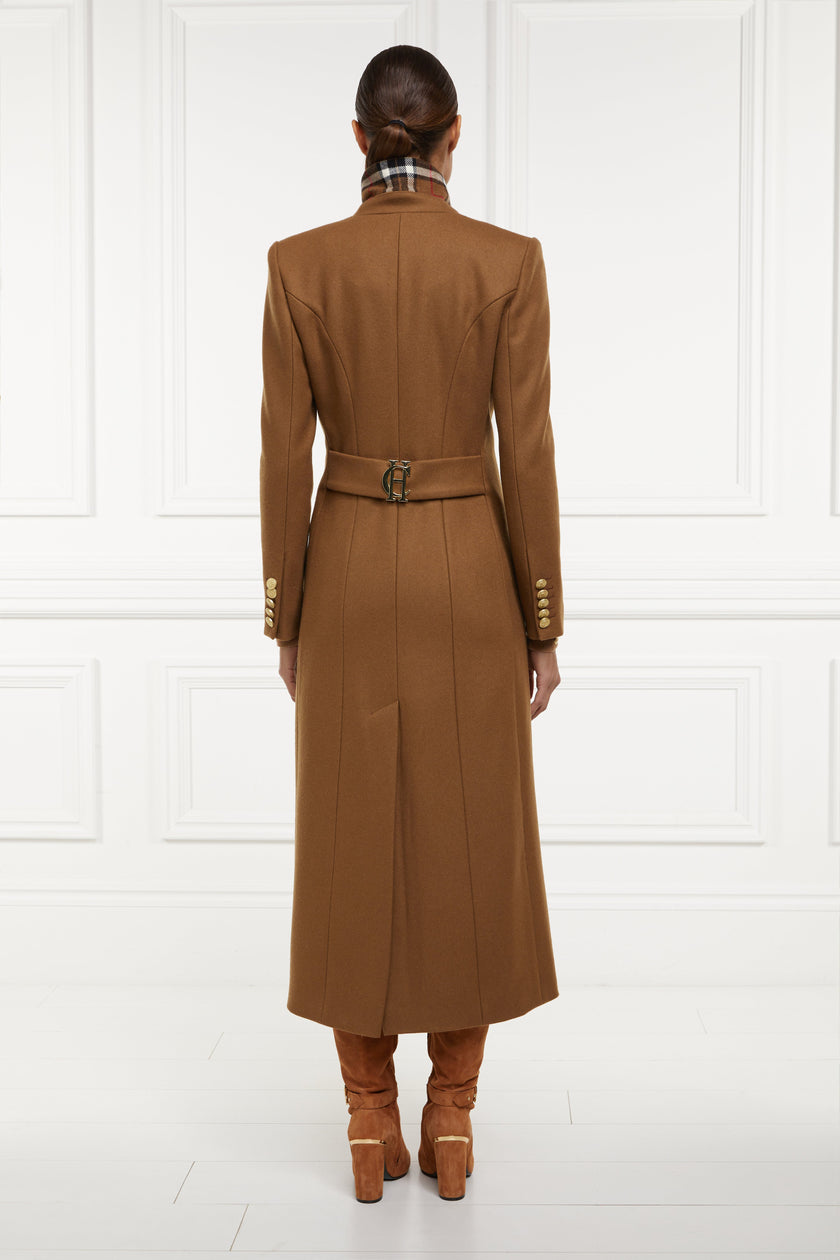 back of womens dark camel single breasted full length wool coat