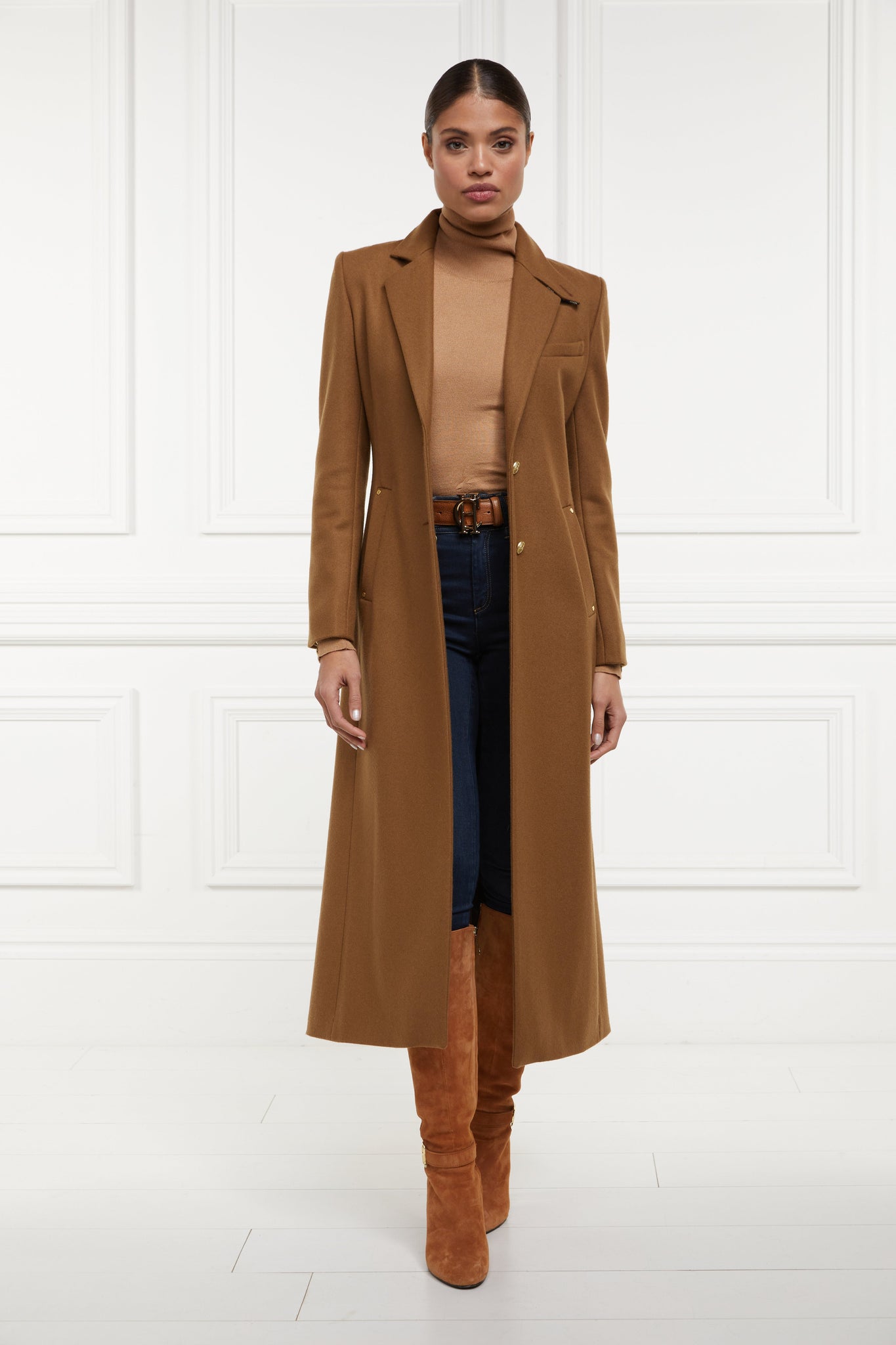 womens dark camel single breasted full length wool coat