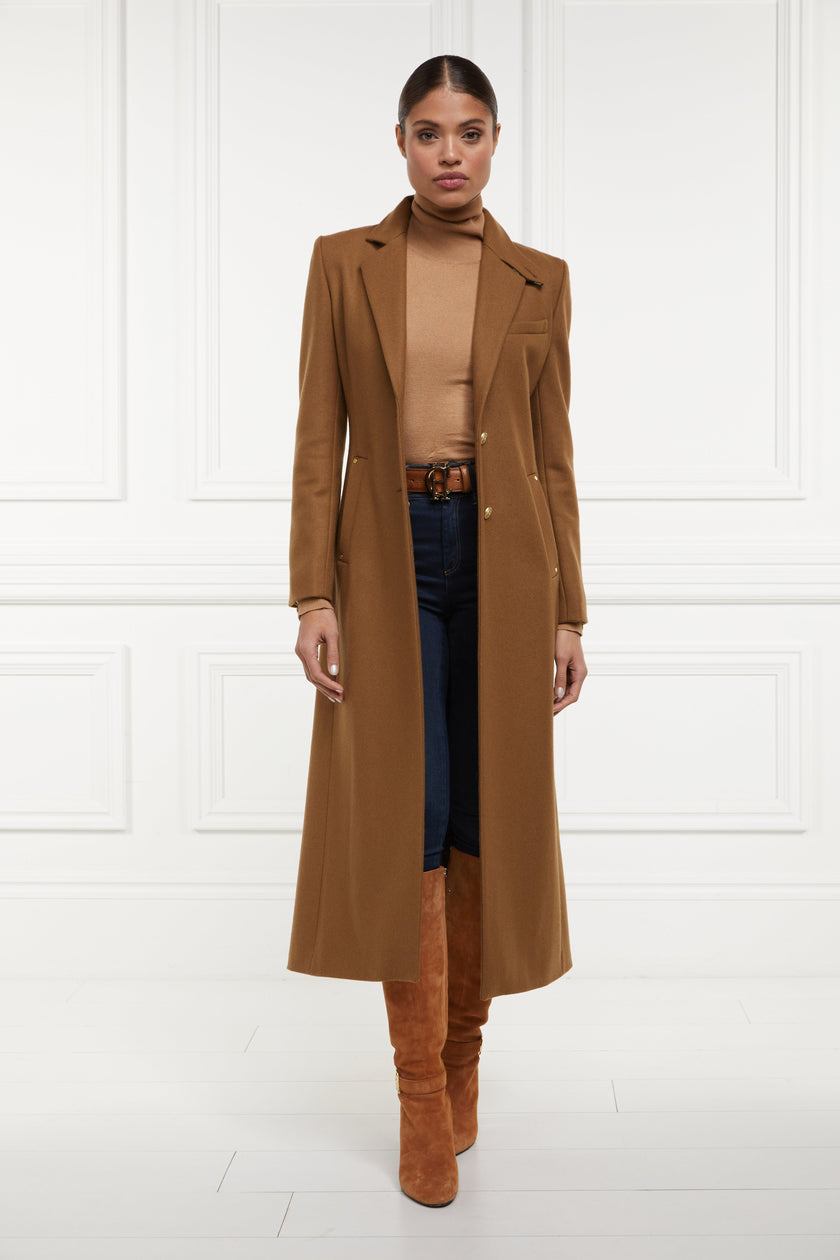 womens dark camel single breasted full length wool coat